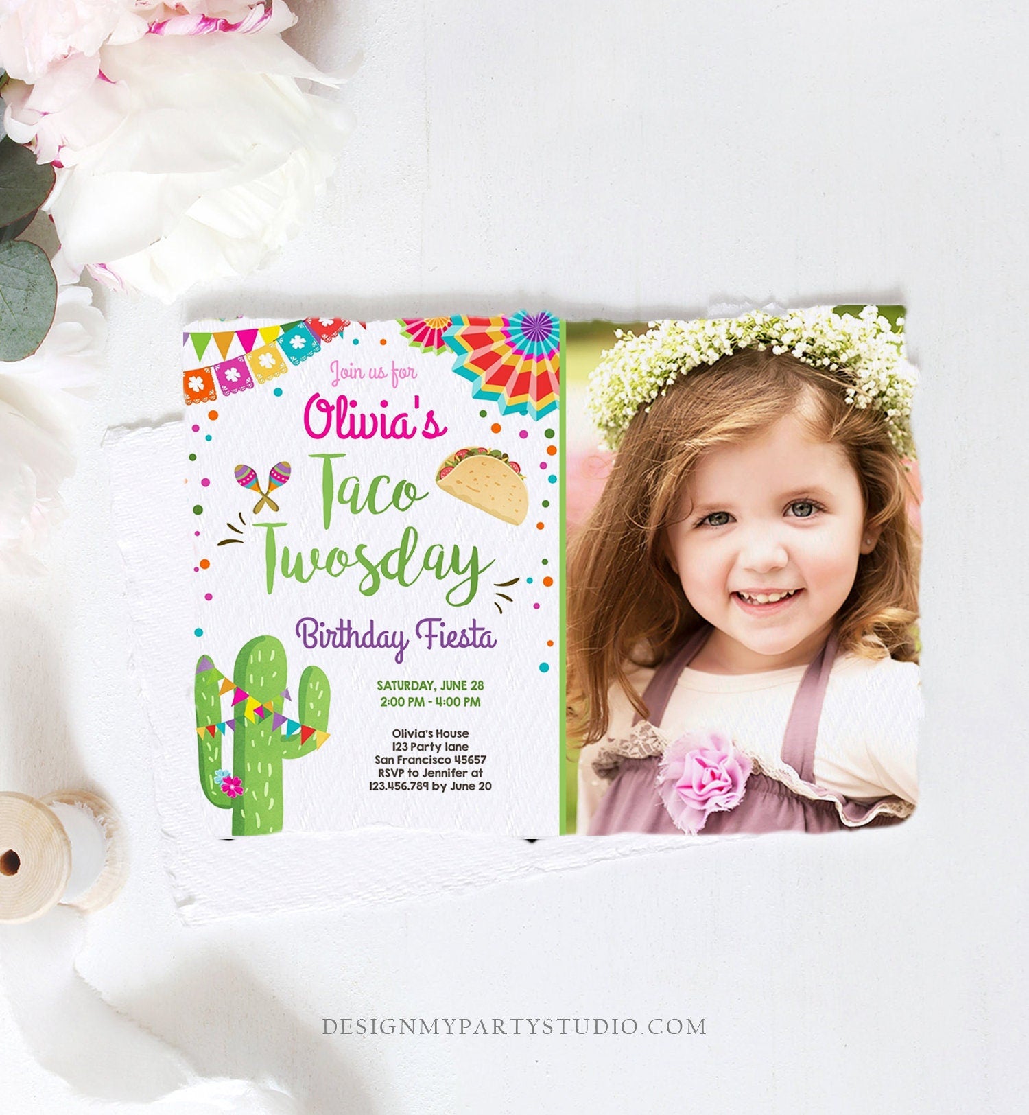 Editable Taco Twosday Invitation Girl Cactus Samba Twosday Second Birthday Fiesta 2nd Download Printable Invitation Template Evite 0045