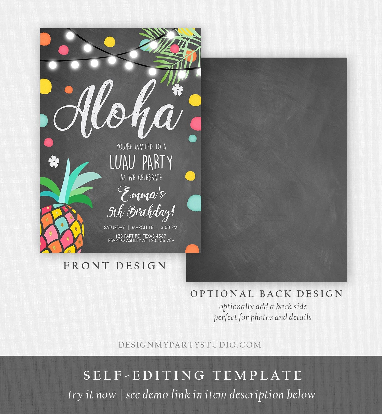 Editable Birthday Invitation Girl Aloha Pineapple Tropical Summer Party Beach Luau Party Hawaii Digital Download Template Printable 0201