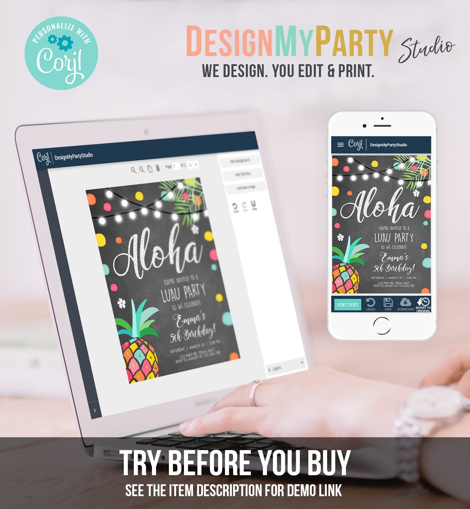 Editable Birthday Invitation Girl Aloha Pineapple Tropical Summer Party Beach Luau Party Hawaii Digital Download Template Printable 0201