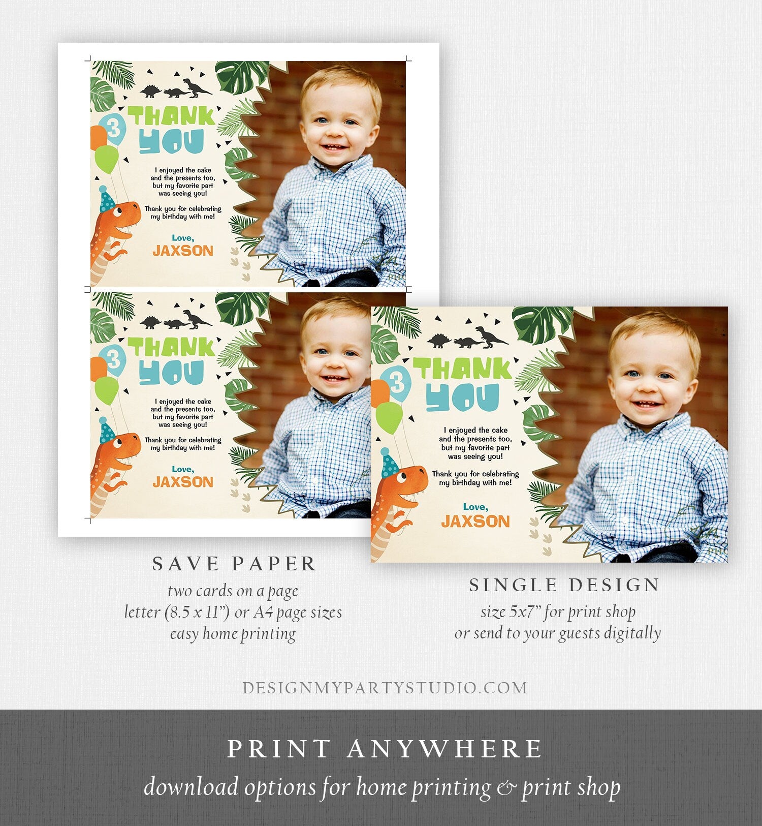 Editable Dinosaur Thank you Card Dino Birthday Dino Mite Prehistoric T-Rex ROAR Boy Dig Party Dino Dig Template Instant Download Corjl 0074