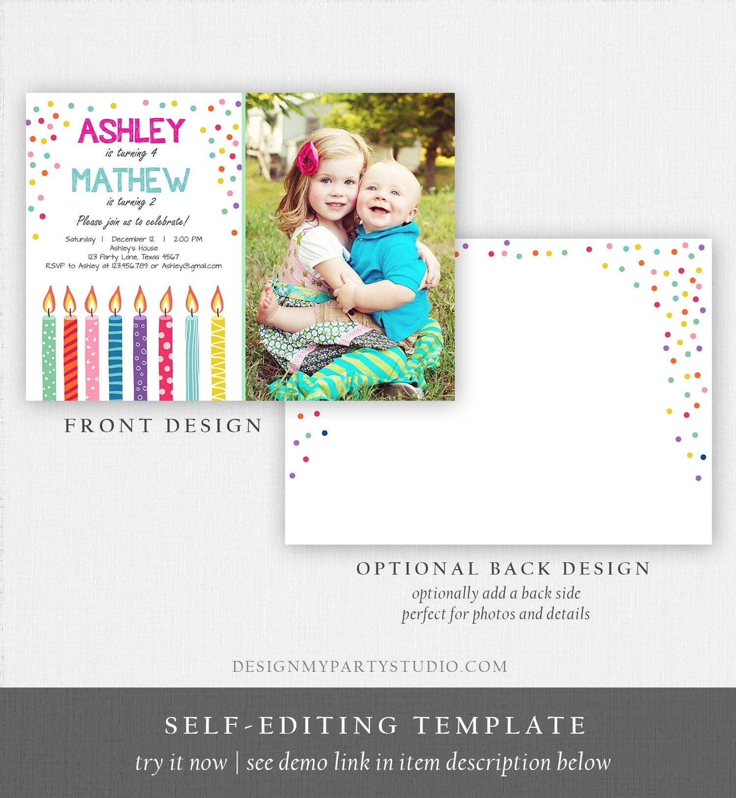Editable Joint Twin Birthday Invitation Twins Confetti Siblings Birthday Party Boy Girl Download Printable Template Digital Corjl 0277