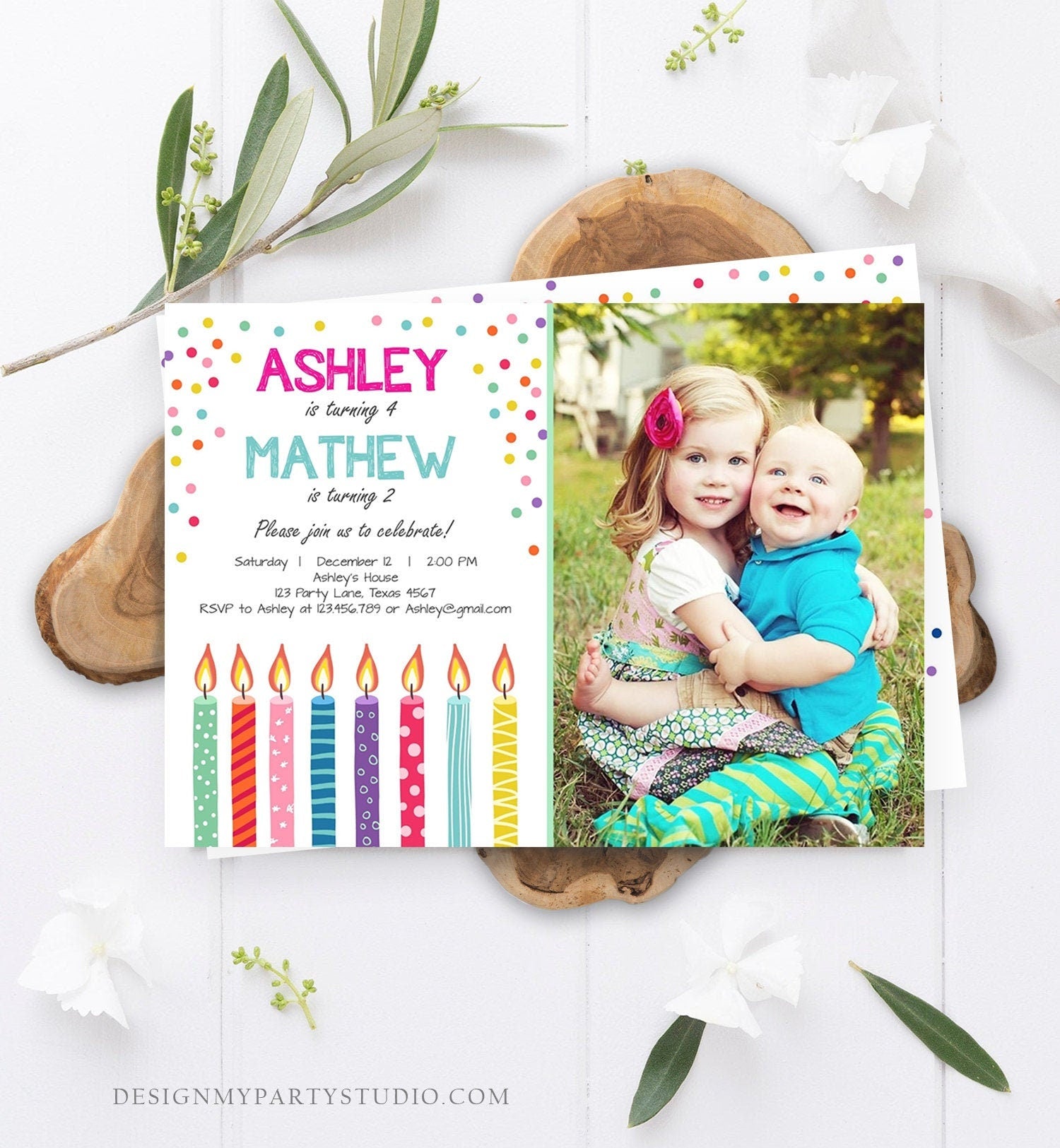 Editable Joint Twin Birthday Invitation Twins Confetti Siblings Birthday Party Boy Girl Download Printable Template Digital Corjl 0277