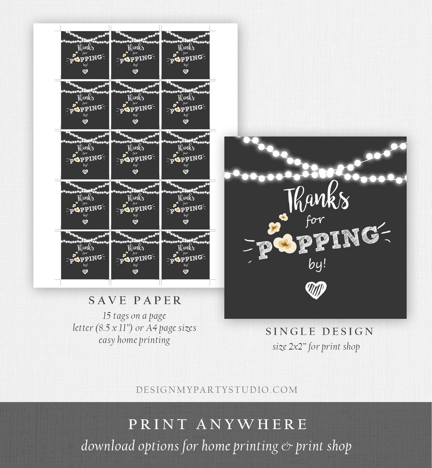 Editable Thanks For Popping By Gift Popcorn Favor Tag String Lights Bridal Shower Wedding Birthday Party Stickers Template Corjl 0110
