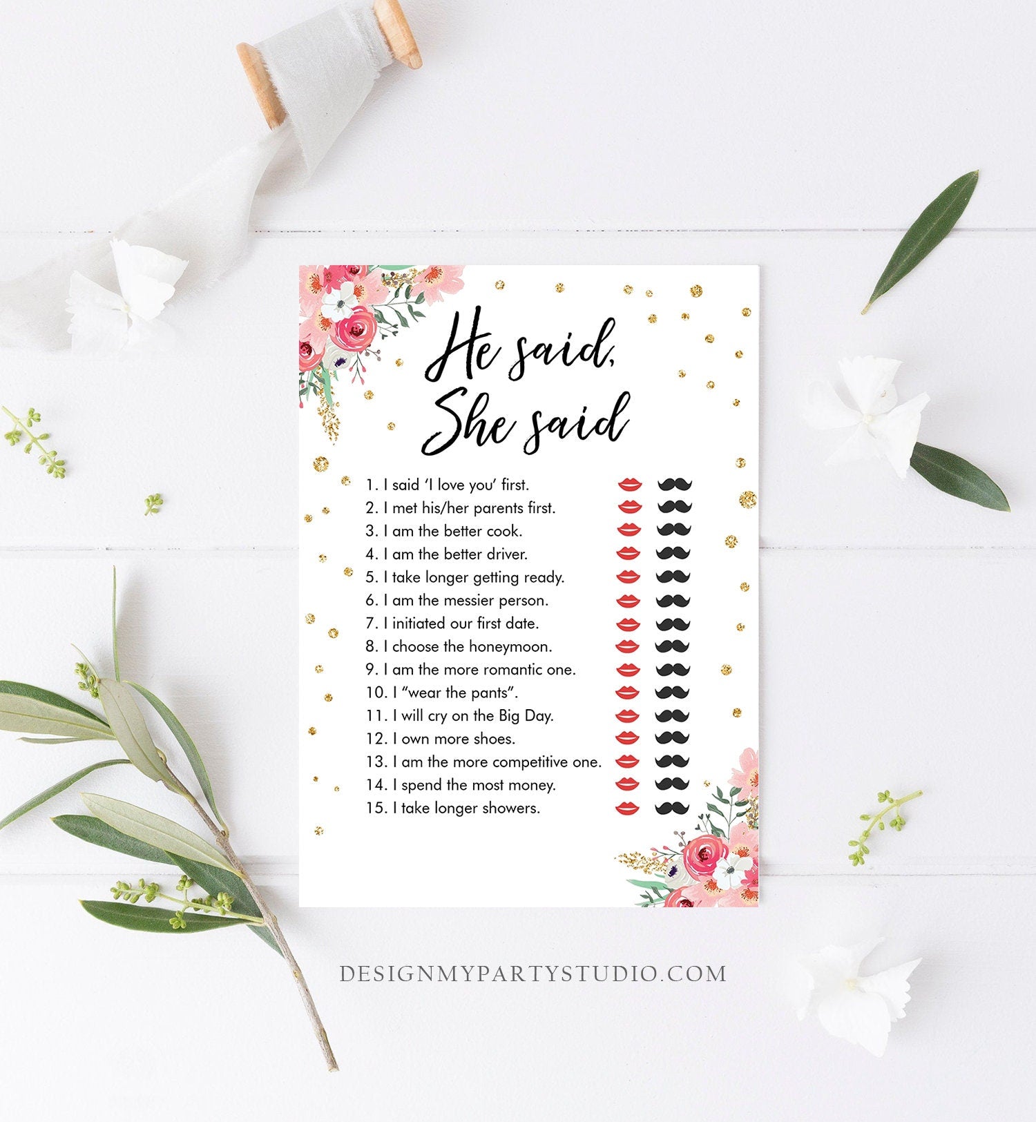 Editable He Said She Said Bridal Shower Game Floral Bride or Groom Wedding Activity Who said it Digital Template Printable 0030 0318
