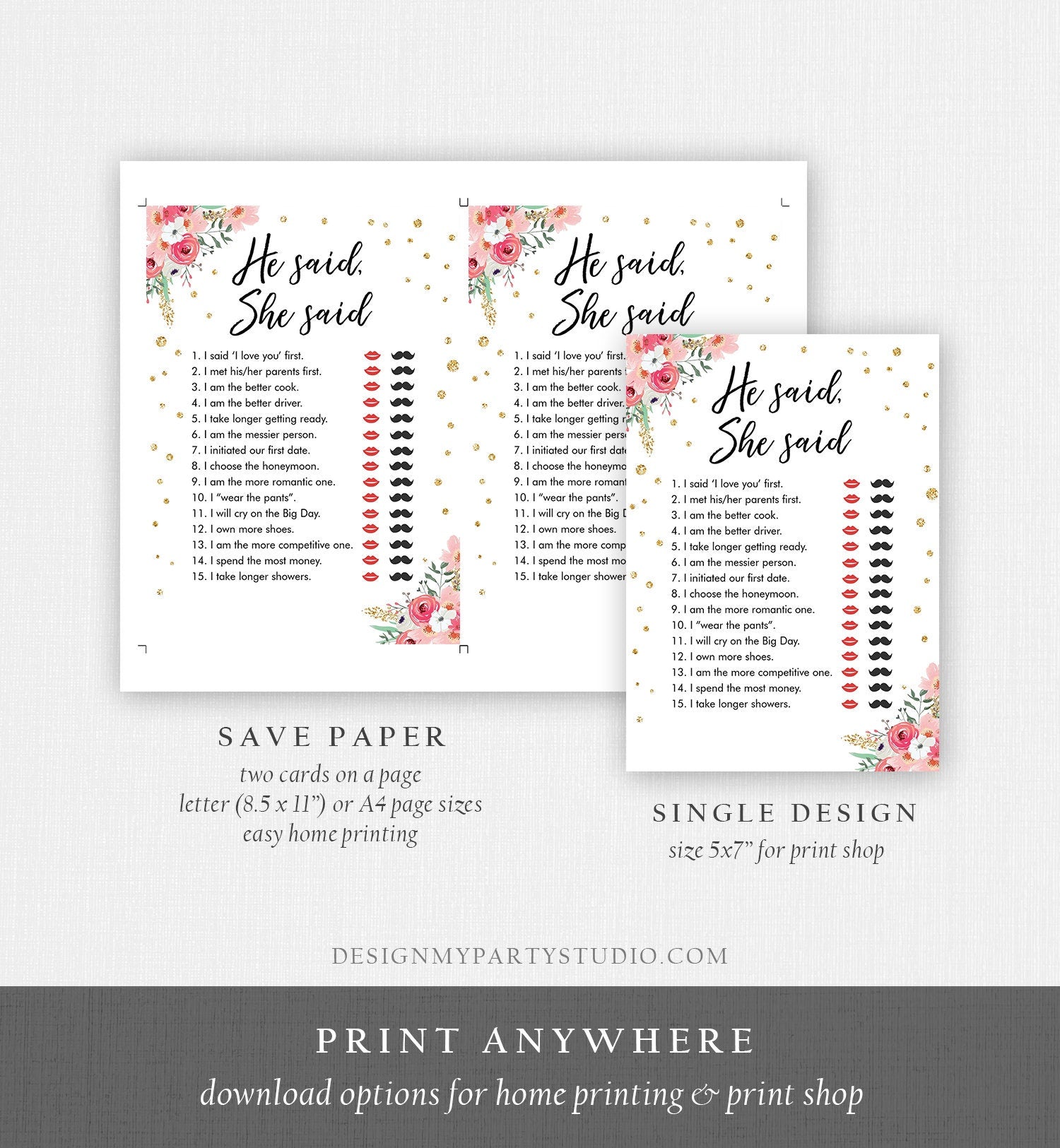 Editable He Said She Said Bridal Shower Game Floral Bride or Groom Wedding Activity Who said it Digital Template Printable 0030 0318
