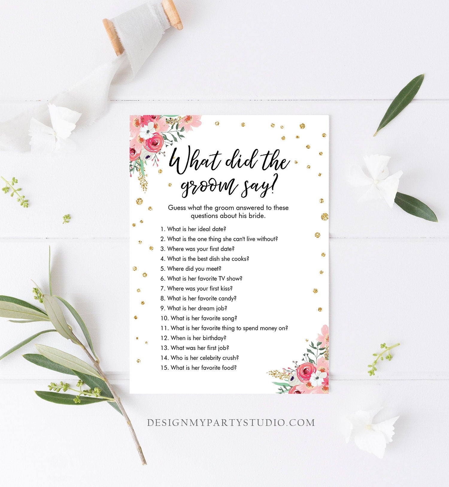 Editable What Did The Groom Say About His Bride Game Bridal Shower Game Pink Floral Gold Confetti Download Corjl Printable 0030 0318