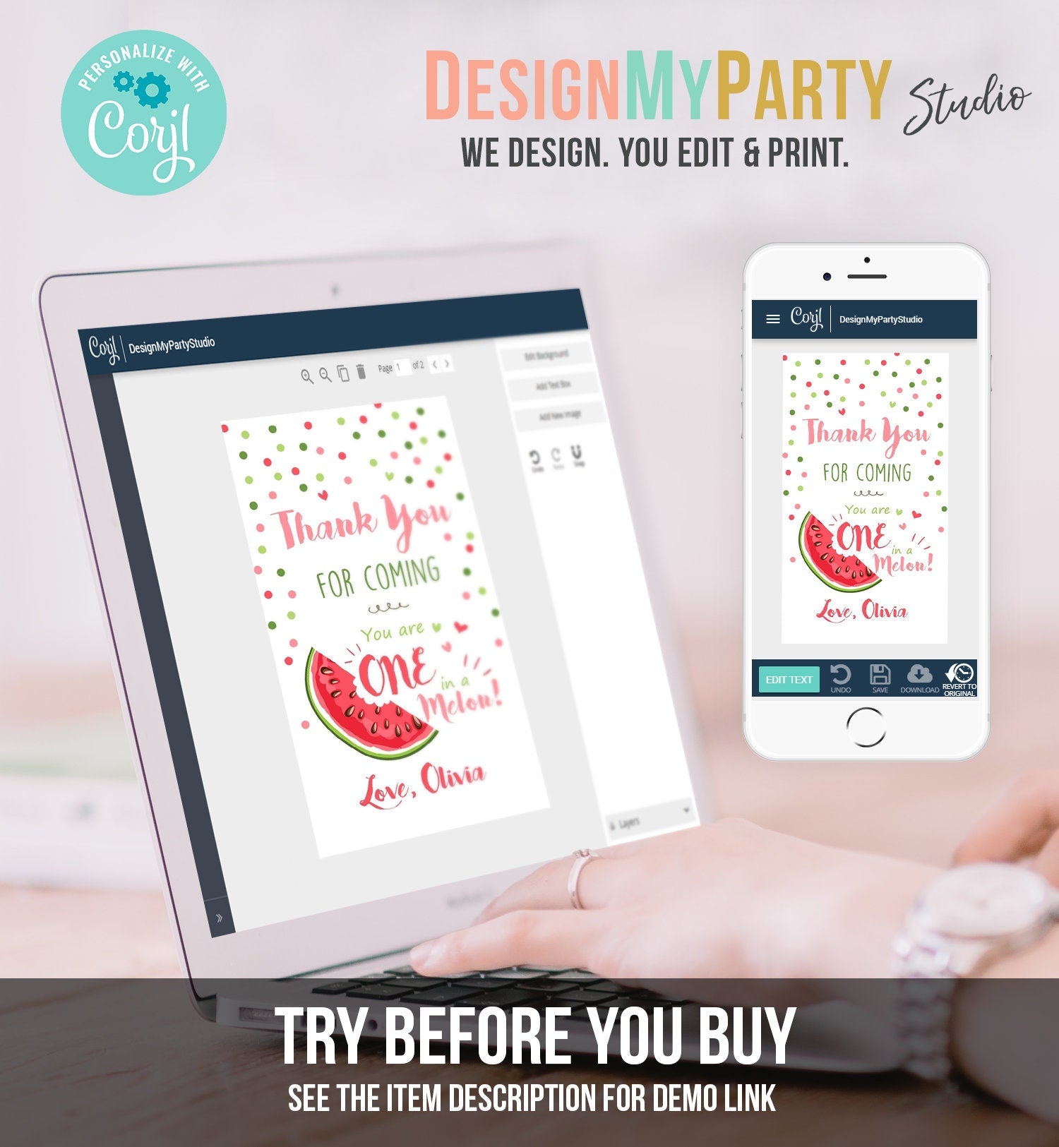 Editable One in a Melon Party Favor Tags Watermelon Birthday Thank You Tags Melon Party Summer Fruit Download Template PRINTABLE Corjl 0120