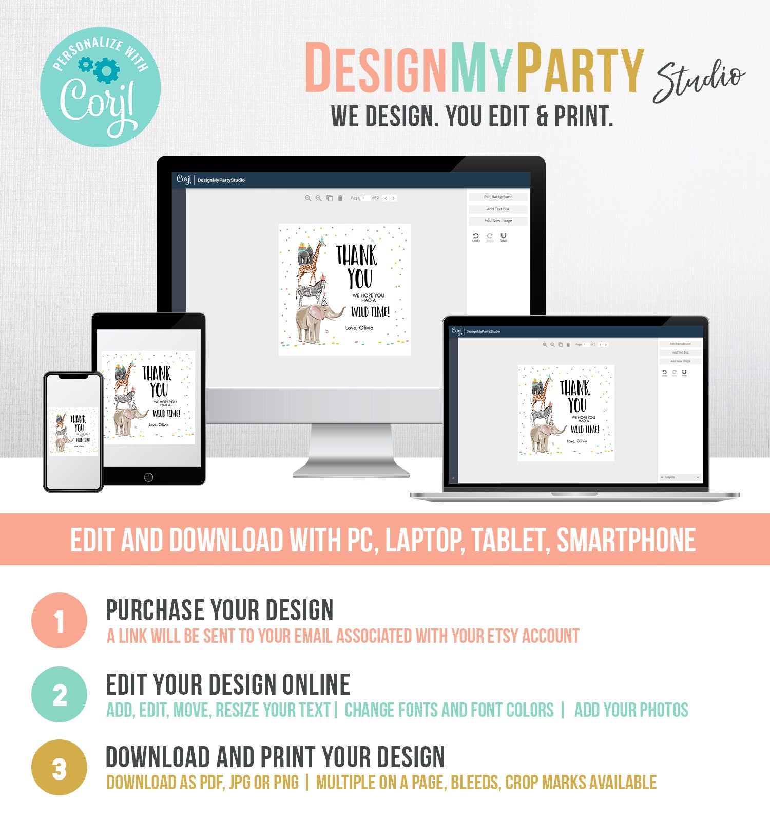 Editable Party Animals Favor Tag Wild One Animals Thank You Tag Safari Animals Birthday Wild Time Stickers Digital Template Printable 0142