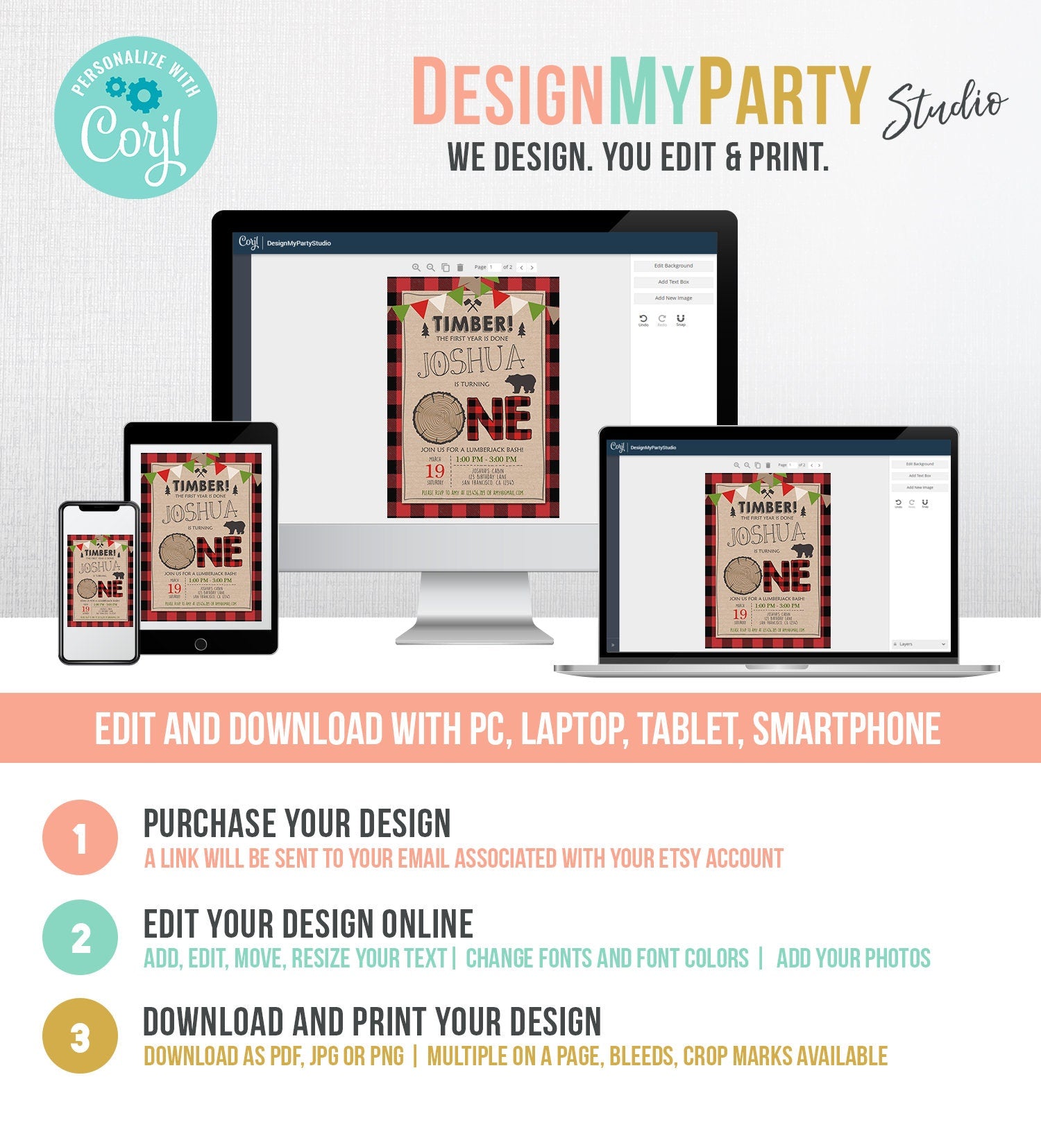 Editable Lumberjack Birthday Invitation Rustic Woodland Birthday Bear Forest Red Plaid Instant Download Printable Template Corjl 0026