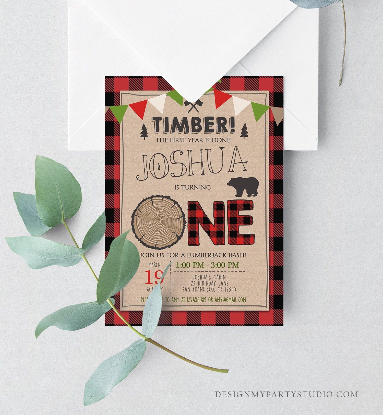 Editable Lumberjack Birthday Invitation Rustic Woodland Birthday Bear Forest Red Plaid Instant Download Printable Template Corjl 0026