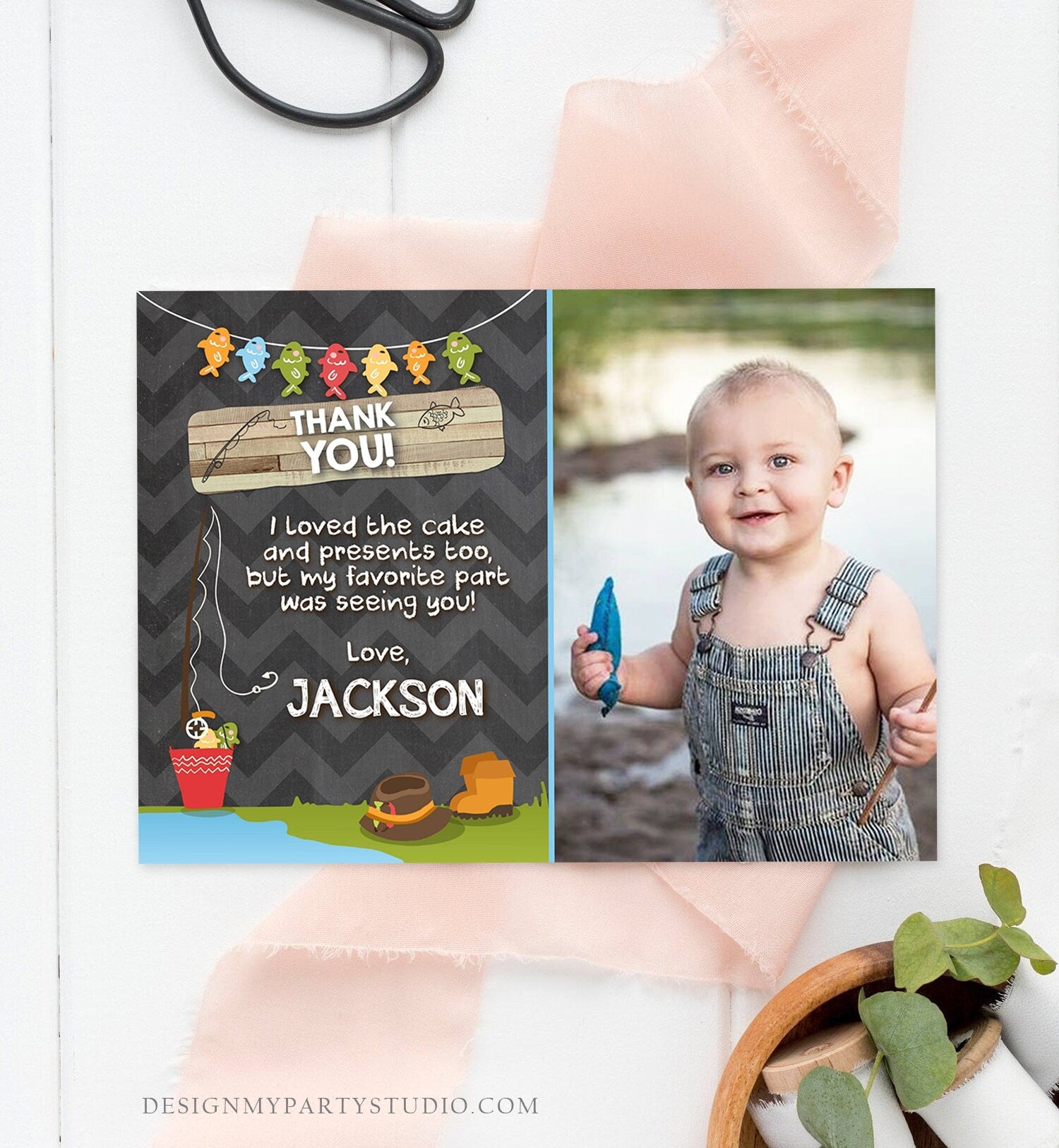 Editable Fishing Thank You Card Boy Birthday o-Fish-Ally Wood 1st First Birthday Gone Fishing Digital Download Template Printable 0080