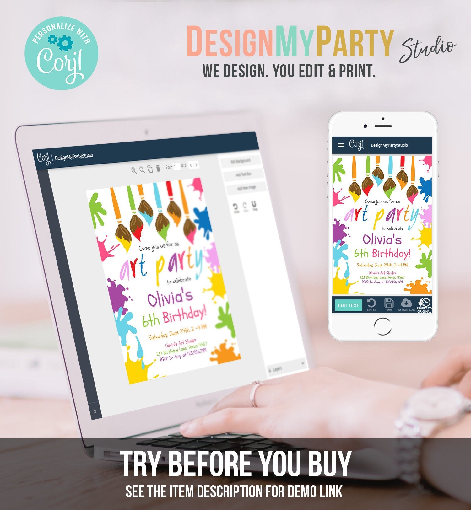 Editable Art Party Birthday Invitation Let's Paint Painting Art Party Artist Painting Arts in Party Digital Evite Template Printable 0226