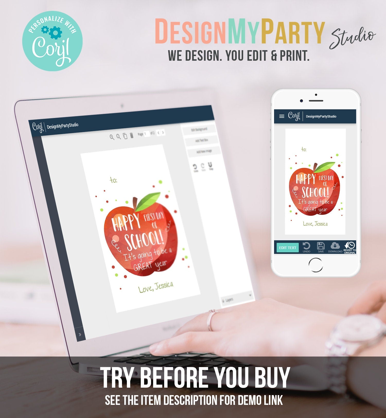 Editable Back to School Tag Happy First Day of School Gift Teacher Appreciation Thank You Classroom Apple Digital Template Printable 0464