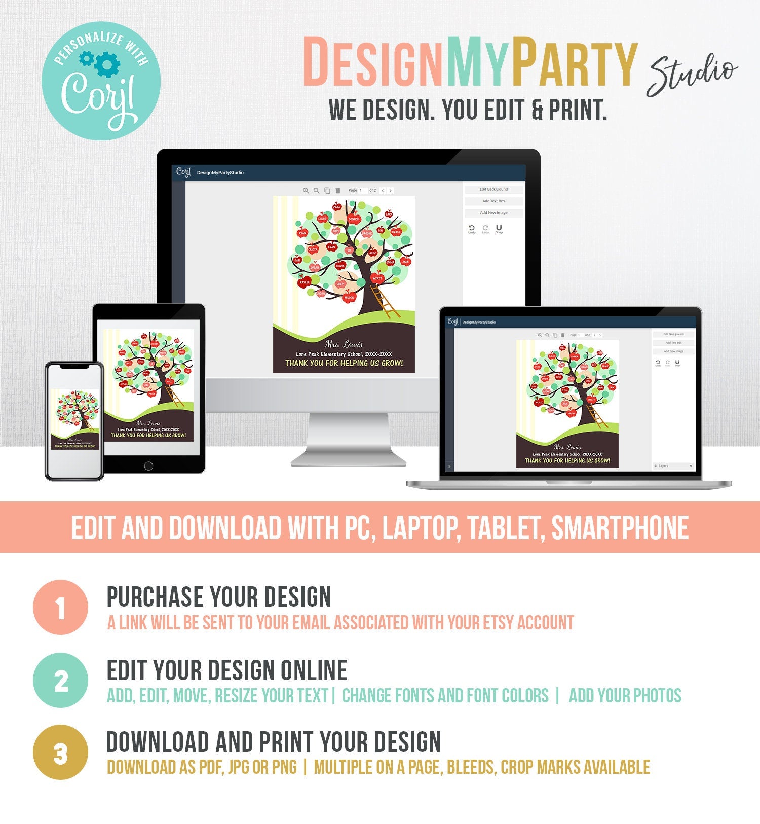 Editable Teacher Tree Print Student Names End of Year Gift Teacher Apples Appreciation Printable Instant Download Template Corjl 0464