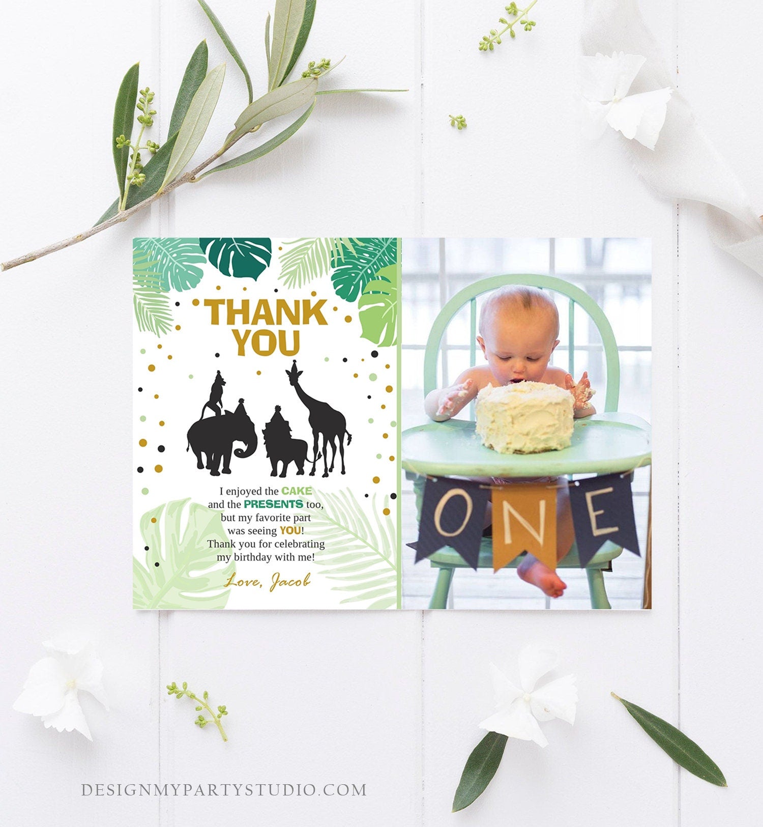 Editable Safari Animals Thank You Card Wild One Thank You Note Black Gold Boy Jungle Zoo Animals Printable Corjl Template Digital 0016
