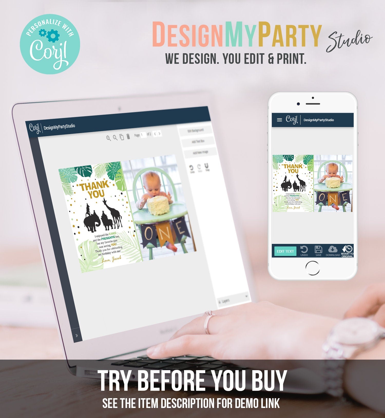 Editable Safari Animals Thank You Card Wild One Thank You Note Black Gold Boy Jungle Zoo Animals Printable Corjl Template Digital 0016