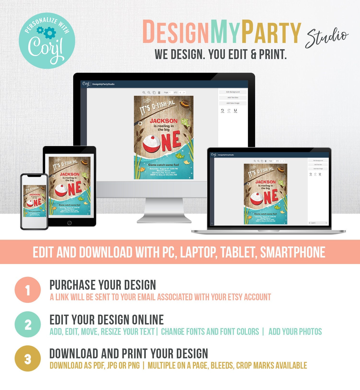 Editable First Birthday Fishing Invitation Fishing Party The Big One O-fish-al Gone Fishing Boy Download Printable Template Corjl 0080