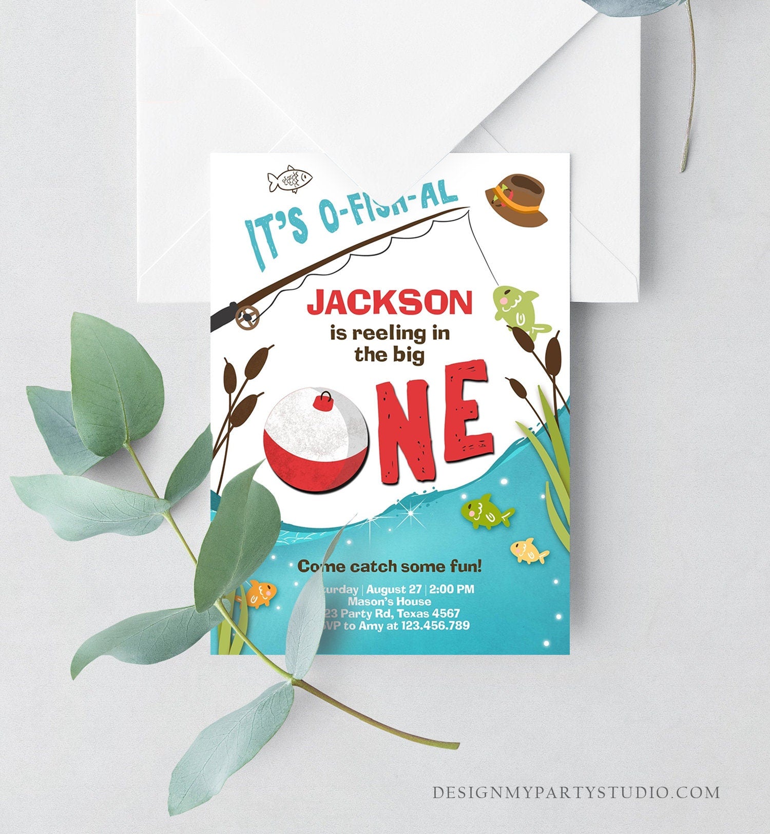 Editable First Birthday Fishing Invitation Fishing Party The Big One O-fish-al Gone Fishing Boy Download Printable Template Corjl 0080
