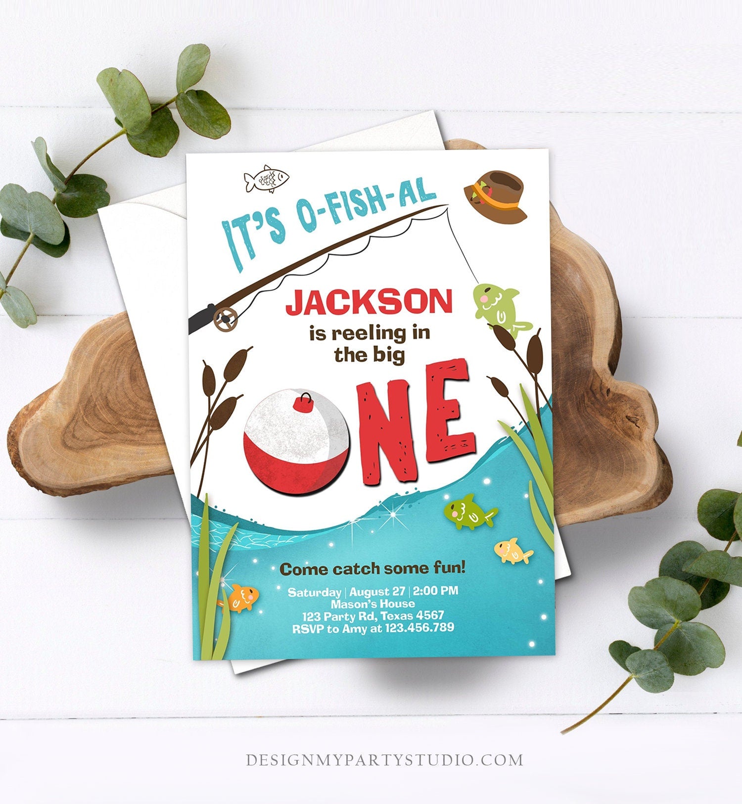 Editable First Birthday Fishing Invitation Fishing Party The Big One O-fish-al Gone Fishing Boy Download Printable Template Corjl 0080