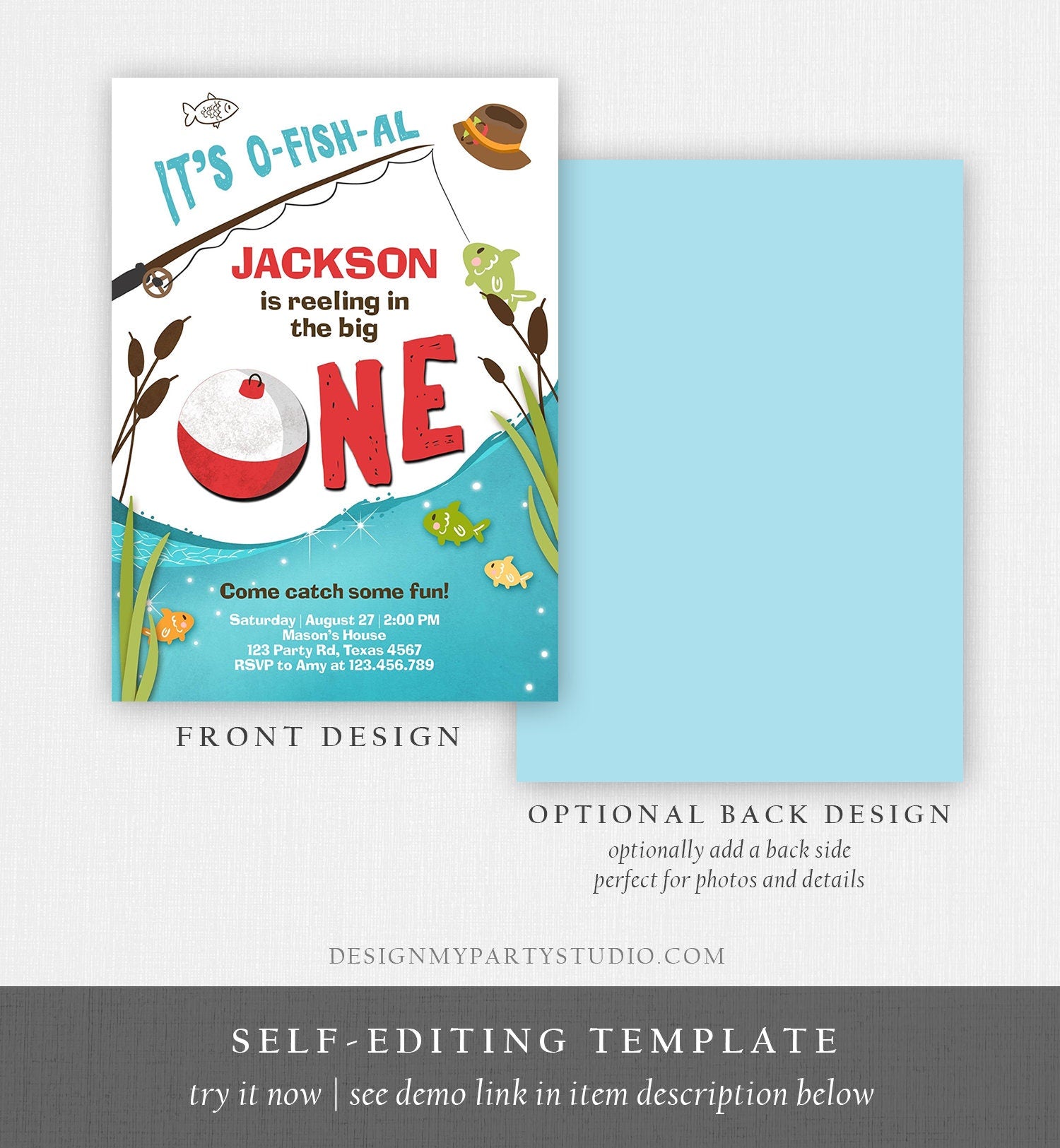 Editable First Birthday Fishing Invitation Fishing Party The Big One O-fish-al Gone Fishing Boy Download Printable Template Corjl 0080