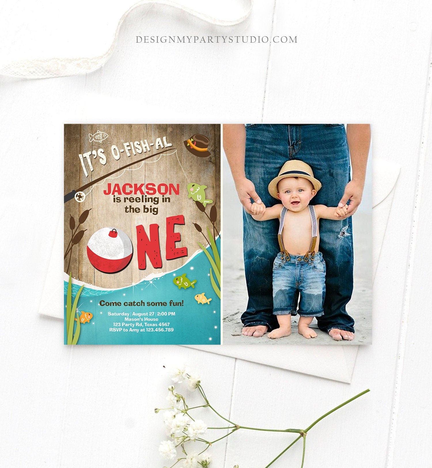 Editable First Birthday Fishing Invitation Fishing Party The Big One O-fish-al Gone Fishing Wood Boy Download Printable Template Corjl 0080