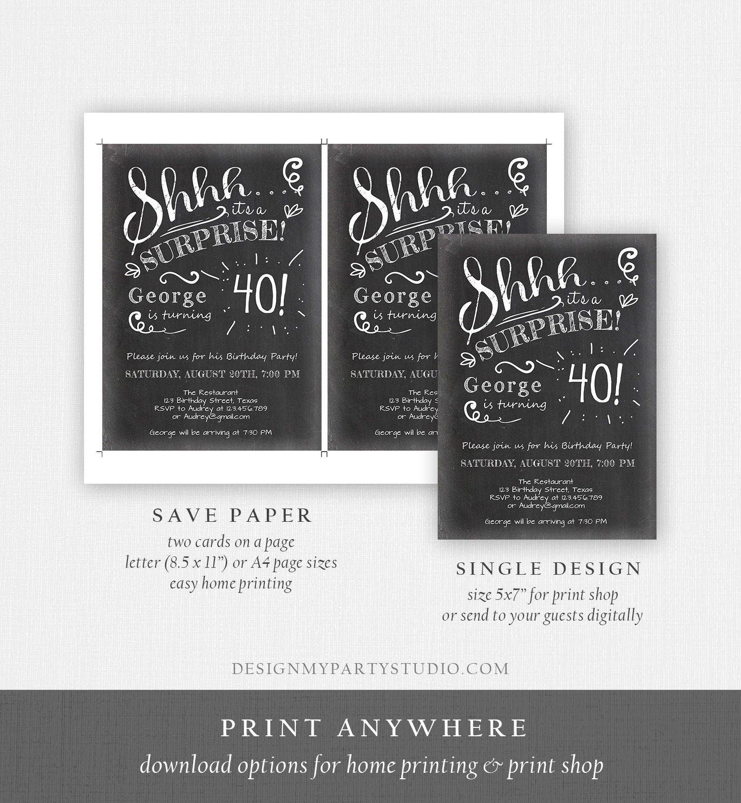 Editable 40th Surprise Birthday Invitation ANY AGE Rustic Adult Forty Vintage Party Shhh Digital Download Evite Template Printable 0102