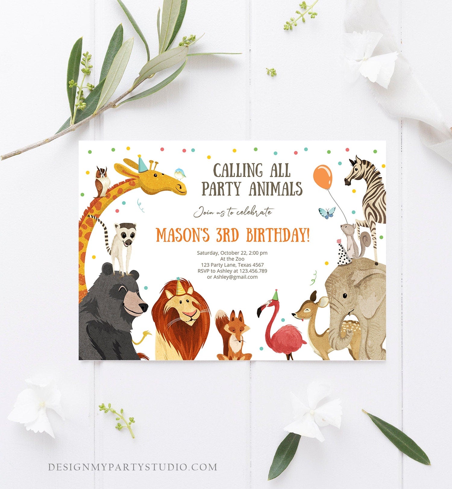 Editable Party Animals Birthday Invitation Calling All Safari Animals Wild Zoo Boy Digital Download Evite Template Printable 0196