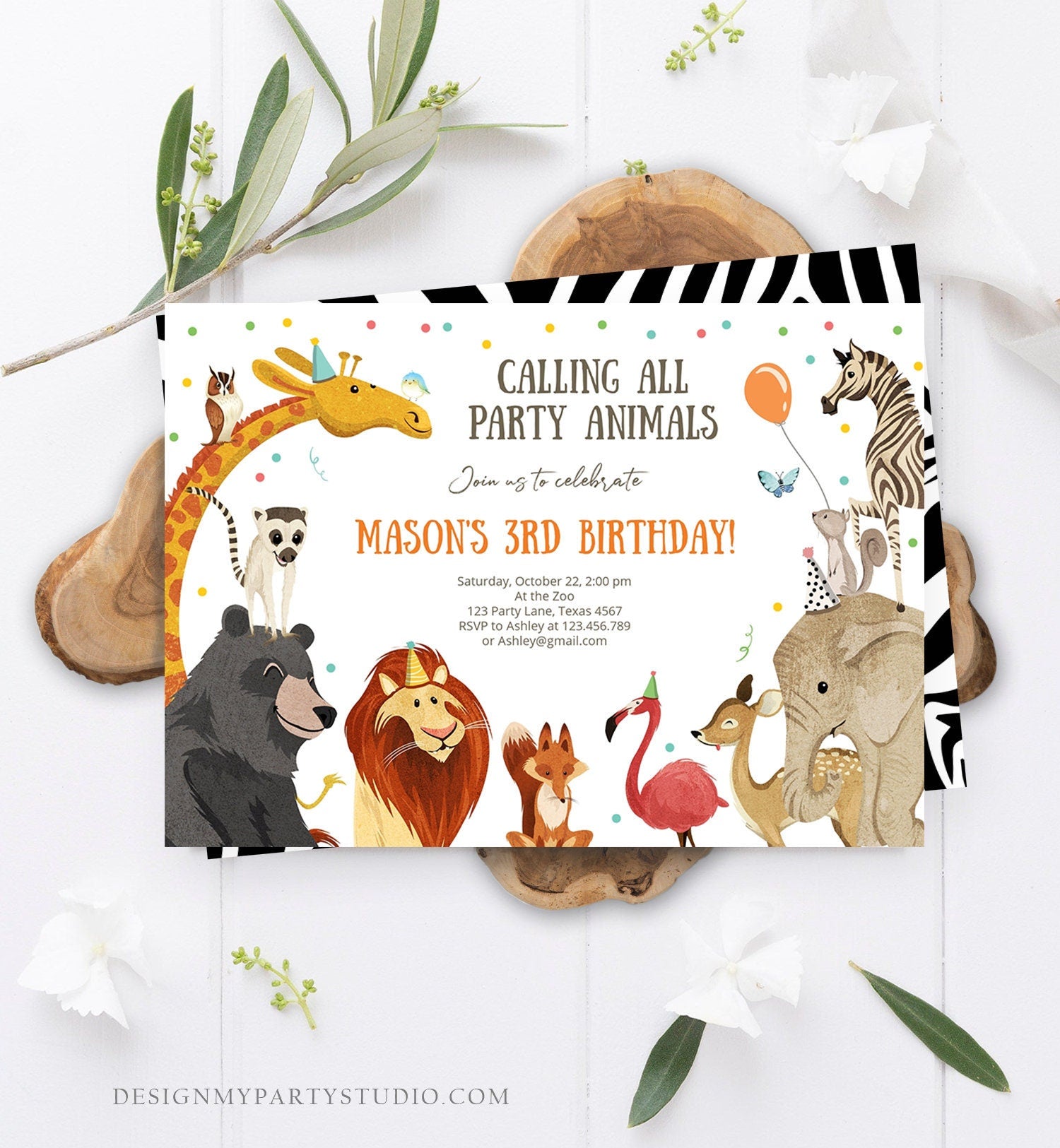 Editable Party Animals Birthday Invitation Calling All Safari Animals Wild Zoo Boy Digital Download Evite Template Printable 0196