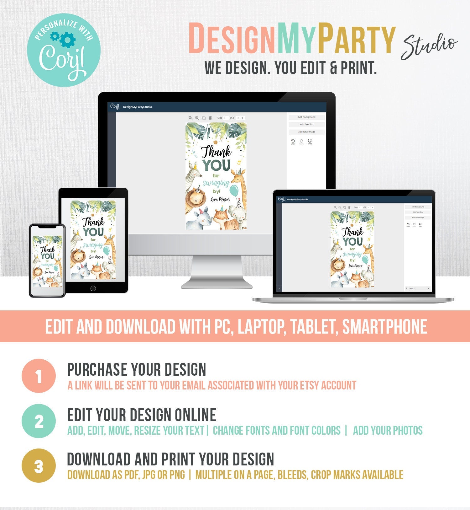 Editable Safari Animals Favor Tag Wild One Party Animals Birthday Thank You Tag Watercolor Boy Digital Download Template Printable 0163
