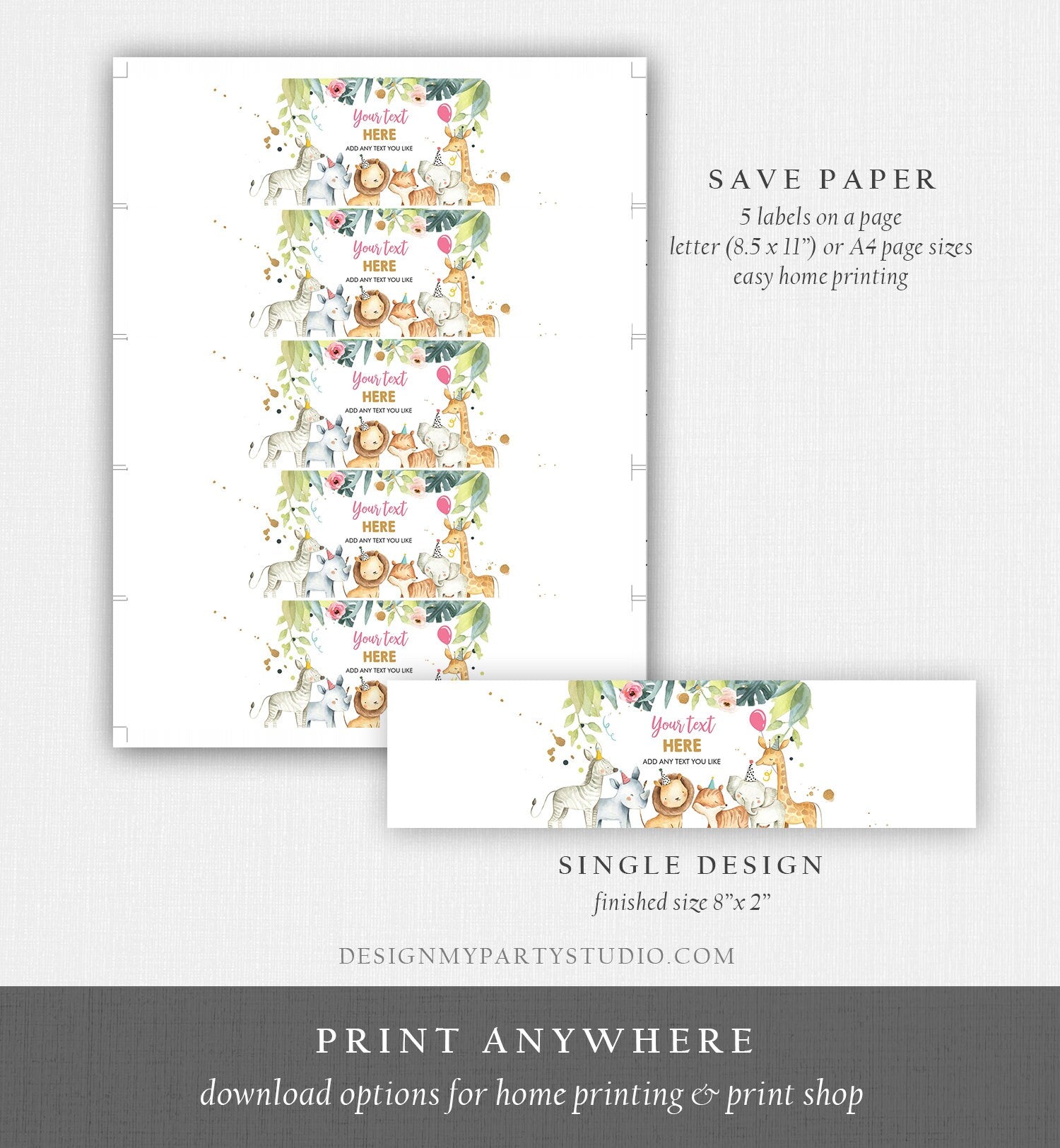 Editable Water Bottle Labels Gold Safari Animals Girl Birthday Party Animals Wild One Decor Pink Digital Download Template Printable 0163