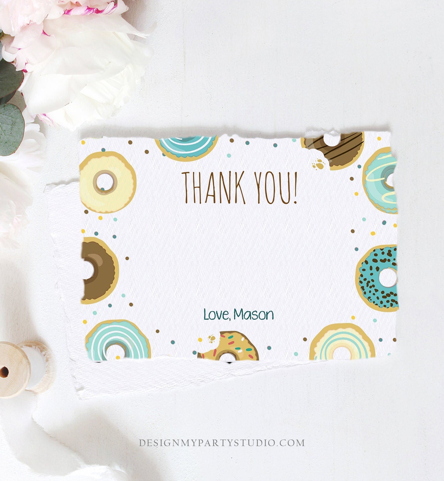 Editable Donut Thank You Card Note Blue Boy Birthday Party Doughnut Thank You Photo Sweet First Birthday 1st Corjl Template Printable 0050