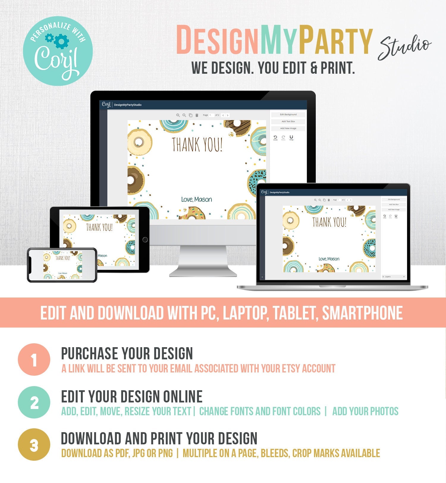 Editable Donut Thank You Card Note Blue Boy Birthday Party Doughnut Thank You Photo Sweet First Birthday 1st Corjl Template Printable 0050