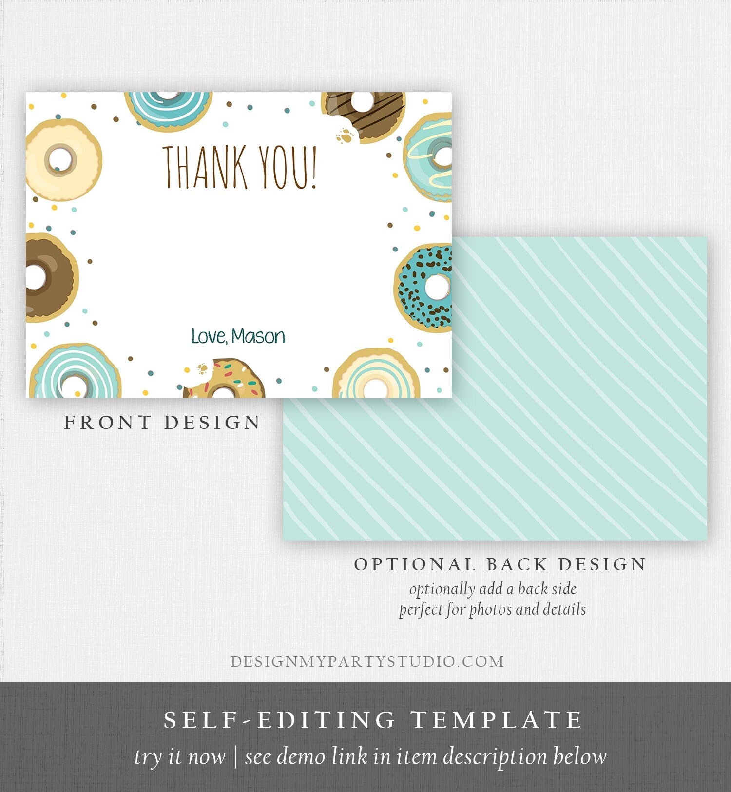Editable Donut Thank You Card Note Blue Boy Birthday Party Doughnut Thank You Photo Sweet First Birthday 1st Corjl Template Printable 0050