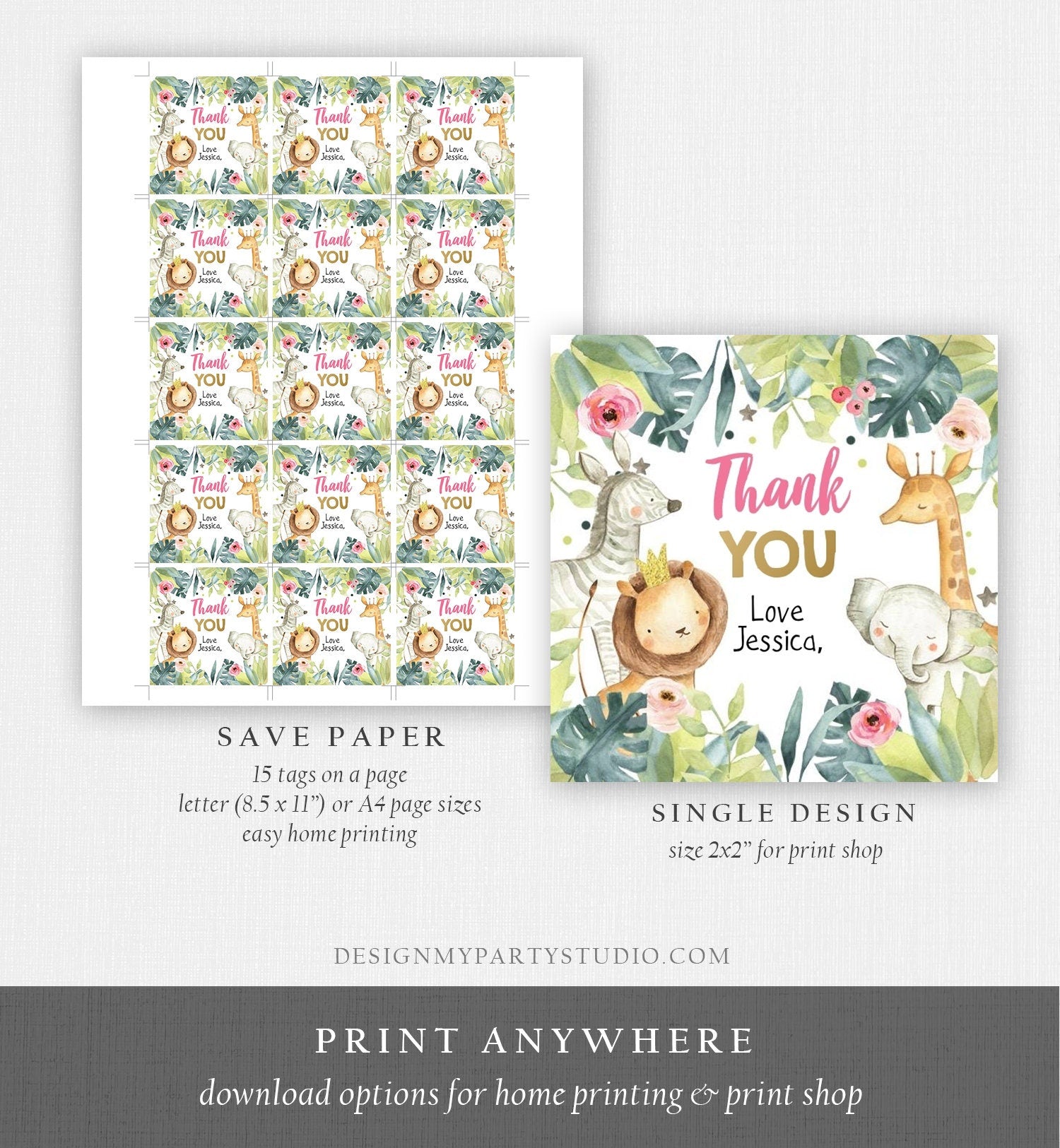 Editable Safari Animals Favor Tag Stickers Party Animals Pink Gold Thank You Animals Gift Tag Girl Lion Digital Template Printable 0163