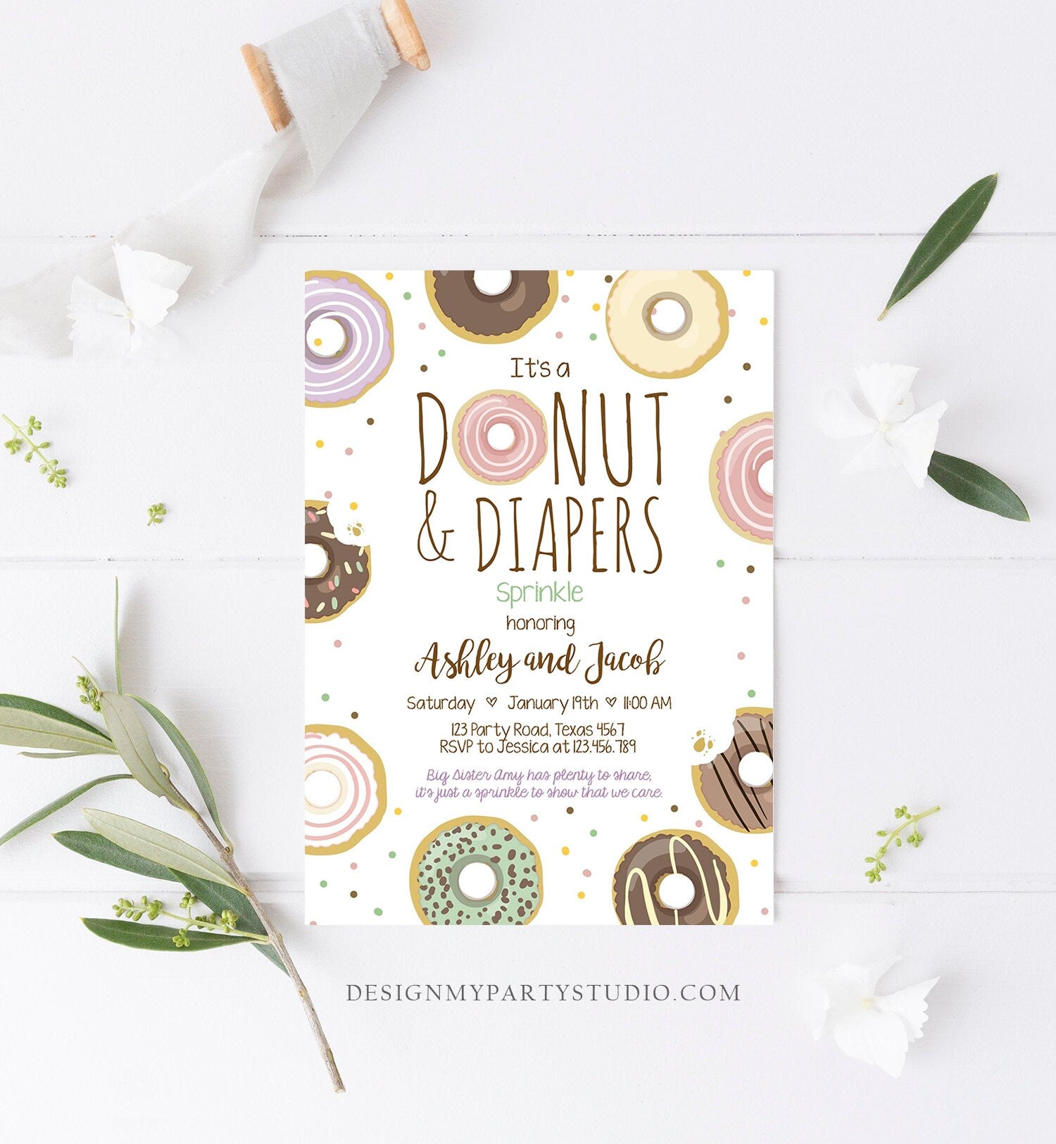 Editable Donut and Diapers Sprinkle Invitation Sprinkled With Love Coed Shower Pastel Pink Girl Boy Neutral Printable Corjl Template 0050