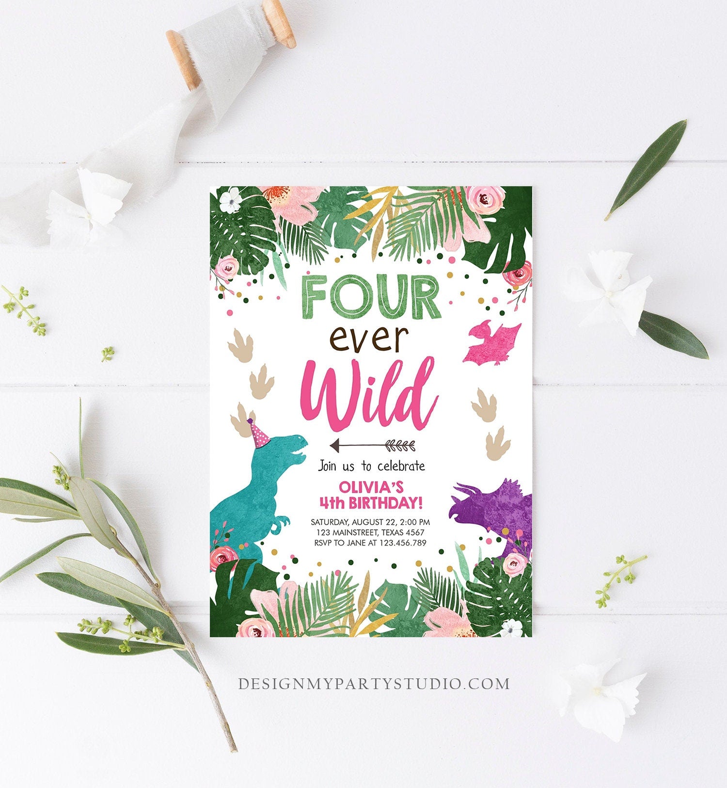 Editable Four Ever Wild Birthday Invitation Dinosaur Dino Party Girl 4th Fourth Birthday Pink Purple Fourever Corjl Template Printable 0388