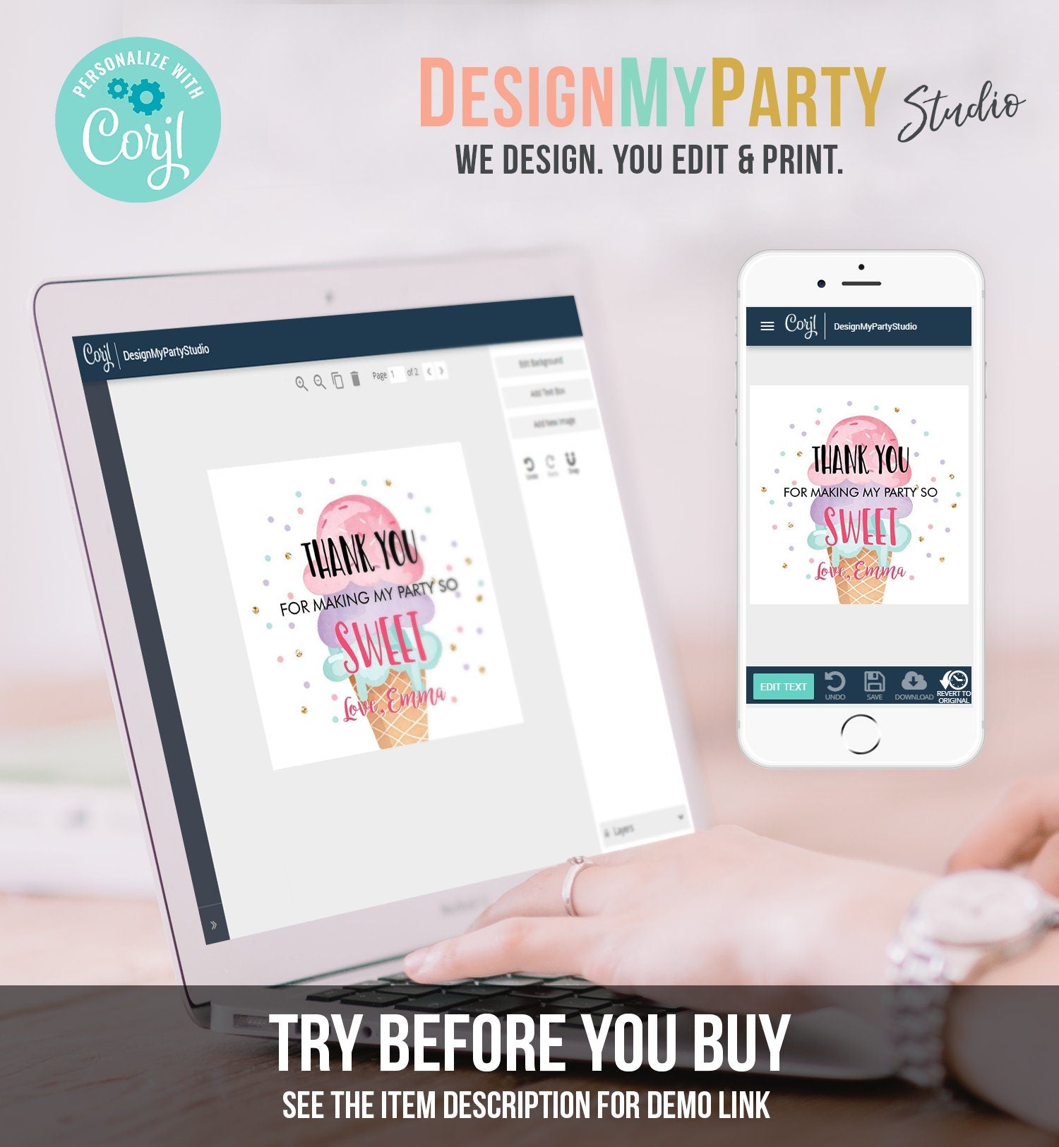 Editable Ice Cream Thank You Tag Round Ice Cream Stickers Girl Birthday Pink Ice Cream Sweet Favor Tag Corjl Template Printable 0243