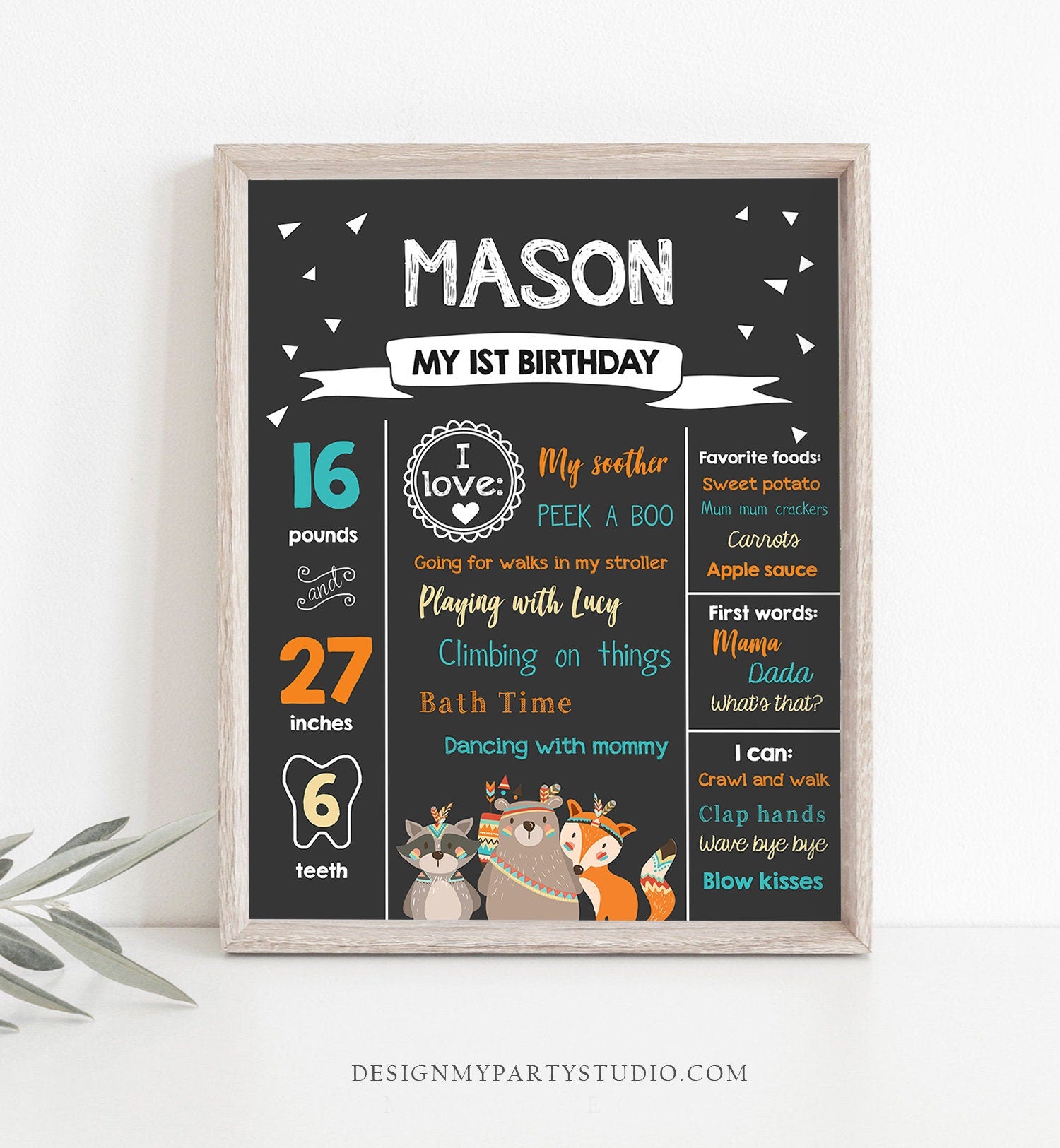 Editable Tribal Woodland Birthday Milestones Sign Wild One First Birthday 1st Boy Boho Woodland Animals Corjl Template Printable 0061