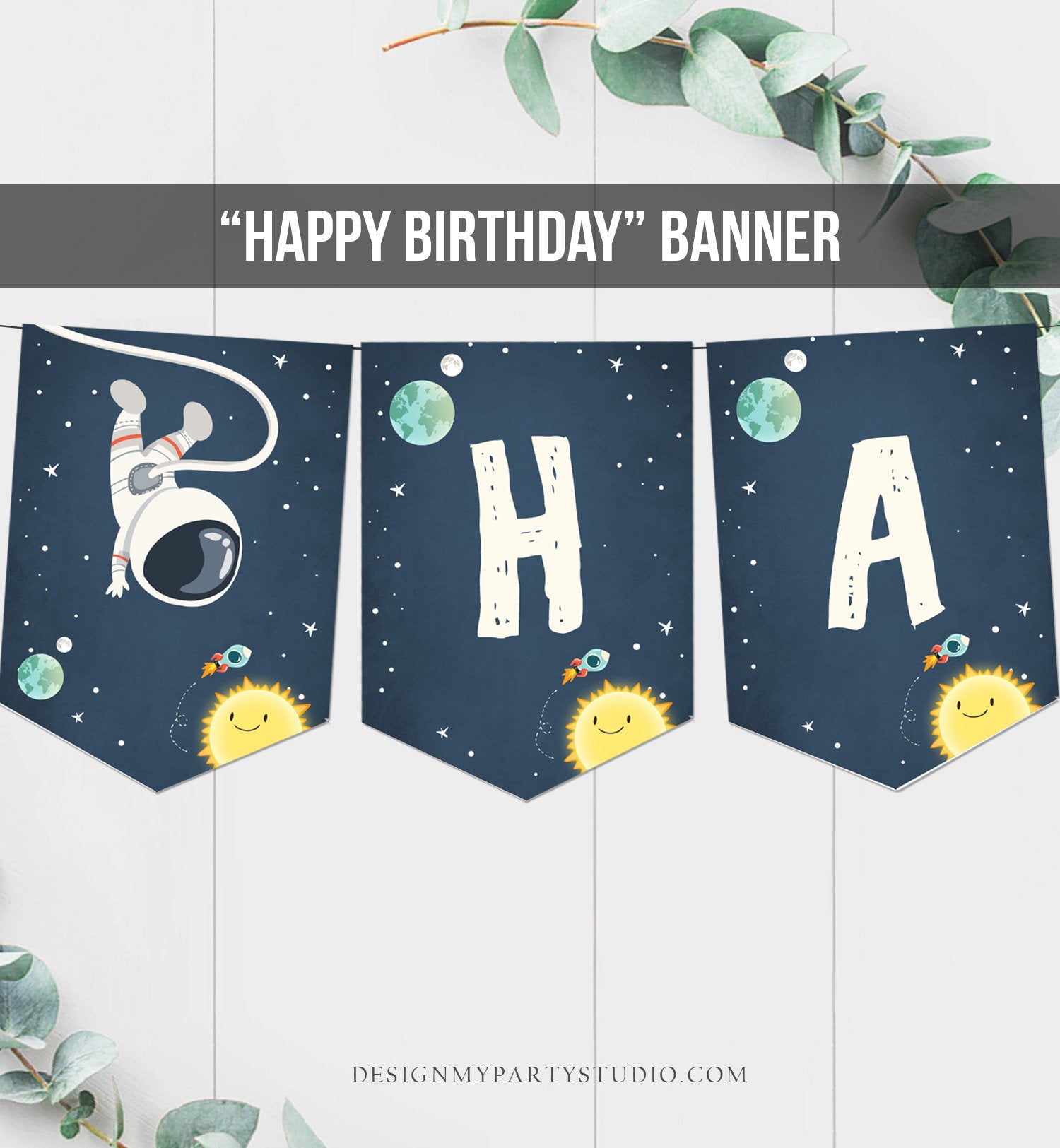 Space Happy Birthday Banner Outer Space Planets Boy Birthday Banner Astronaut Space Rocket Sun Instant Digital Download Printable 0046