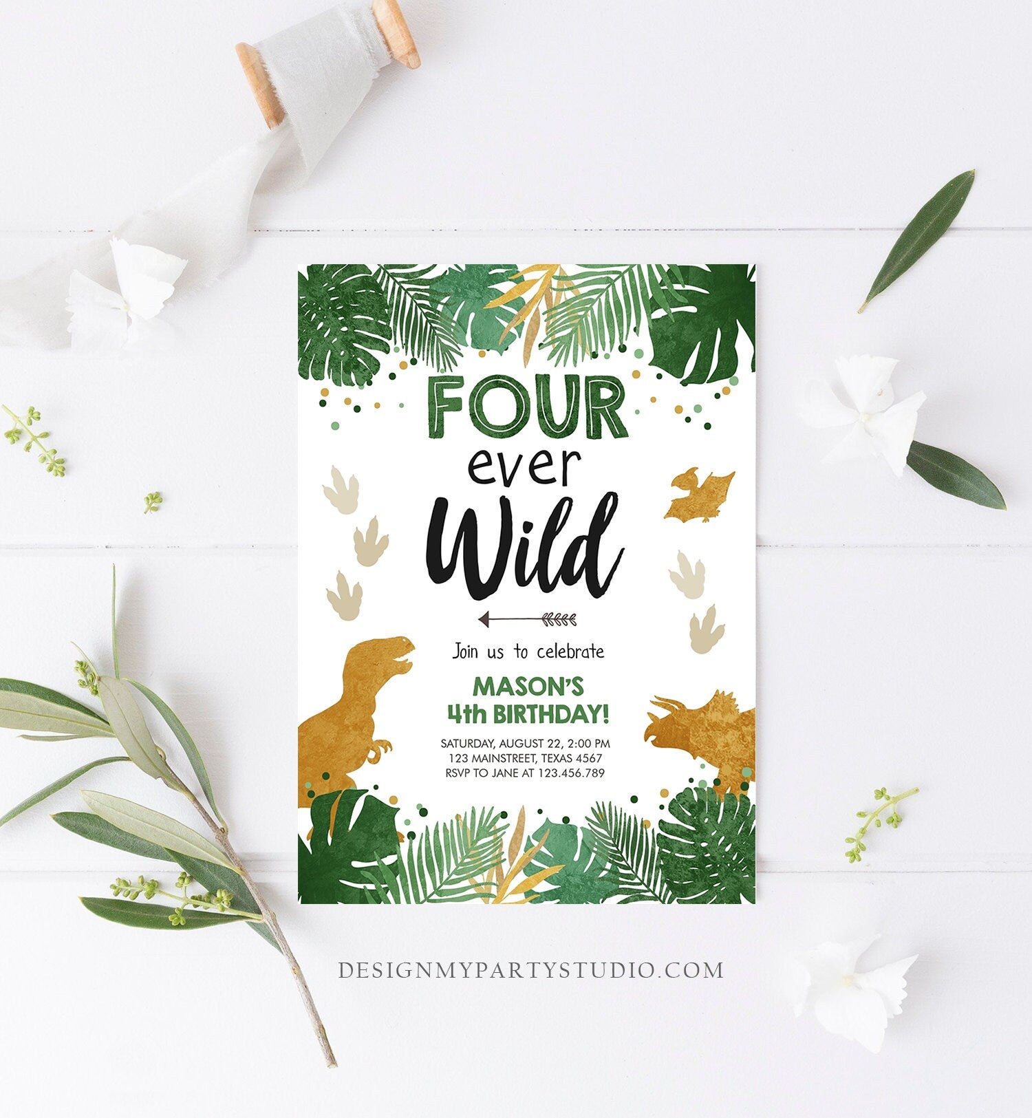 Editable Four Ever Wild Dinosaur Birthday Invitation Dino Party Boy 4th TRex Green Gold Fourever Digital Template Printable Evite 0146