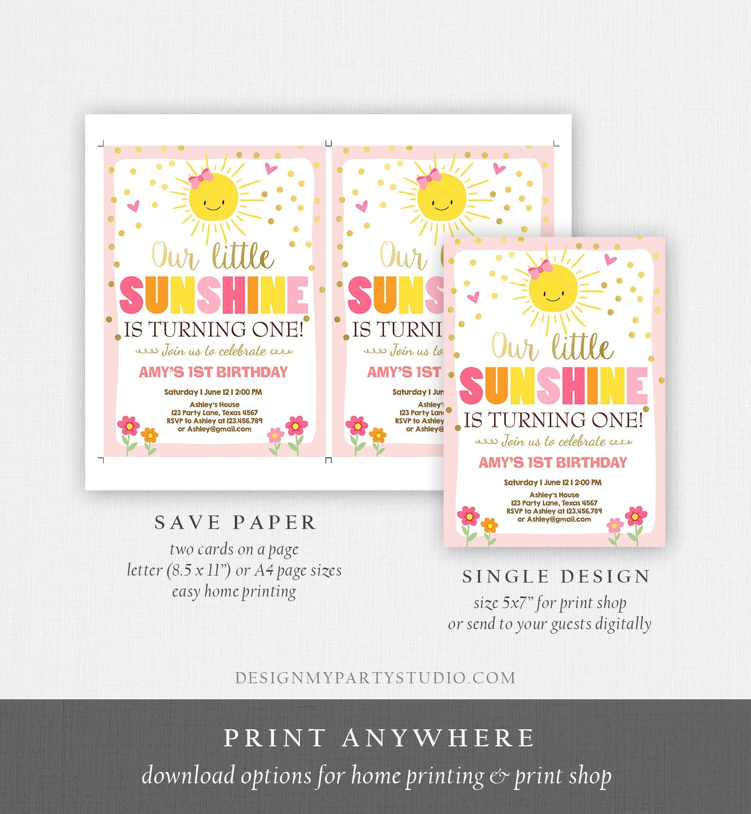Editable Our Little Sunshine Birthday Invitation Girl Sunshine Party First Birthday 1st Party Pink Girl Bow Digital Template Printable 0070