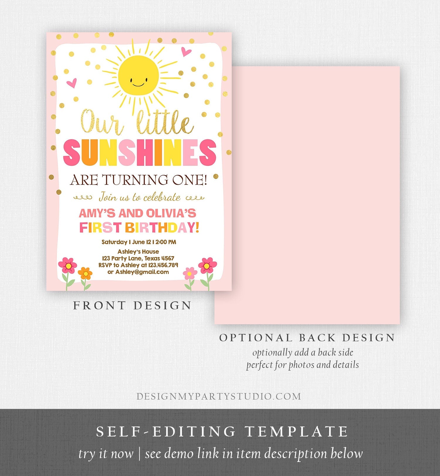 Editable Birthday Invitation Twins Little Sunshines Girls Siblings Pink Gold Girl Summer Download Printable Invitation Template Corjl 0070