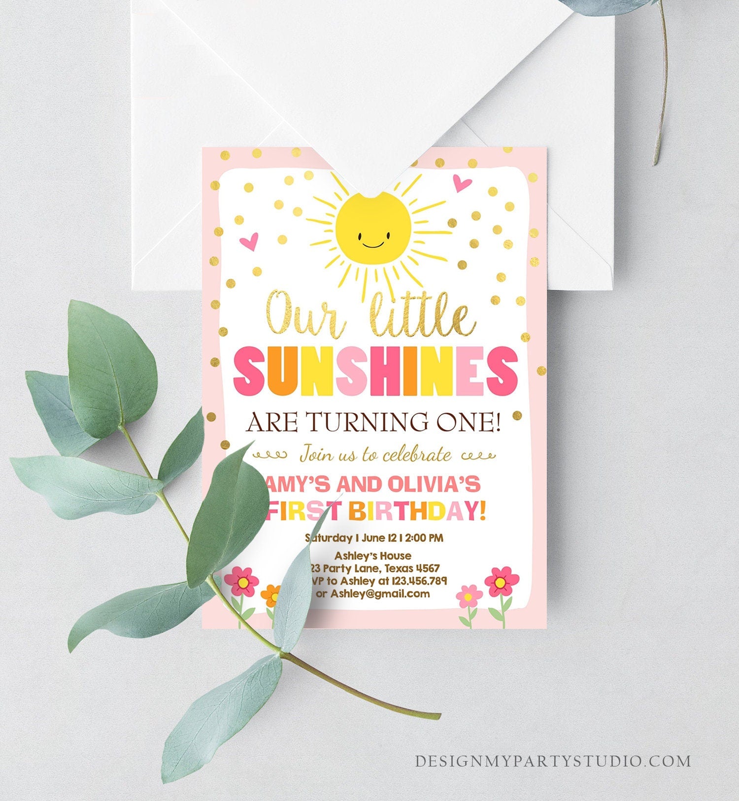 Editable Birthday Invitation Twins Little Sunshines Girls Siblings Pink Gold Girl Summer Download Printable Invitation Template Corjl 0070