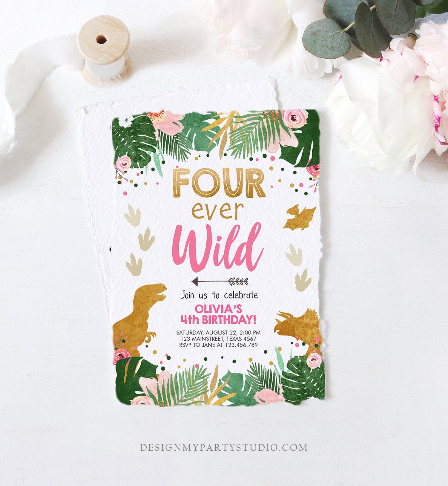 Editable Four Ever Wild Birthday Invitation Dinosaur Dino Party Girl 4th Fourth Birthday Pink Gold Fourever Digital Template Printable 0146