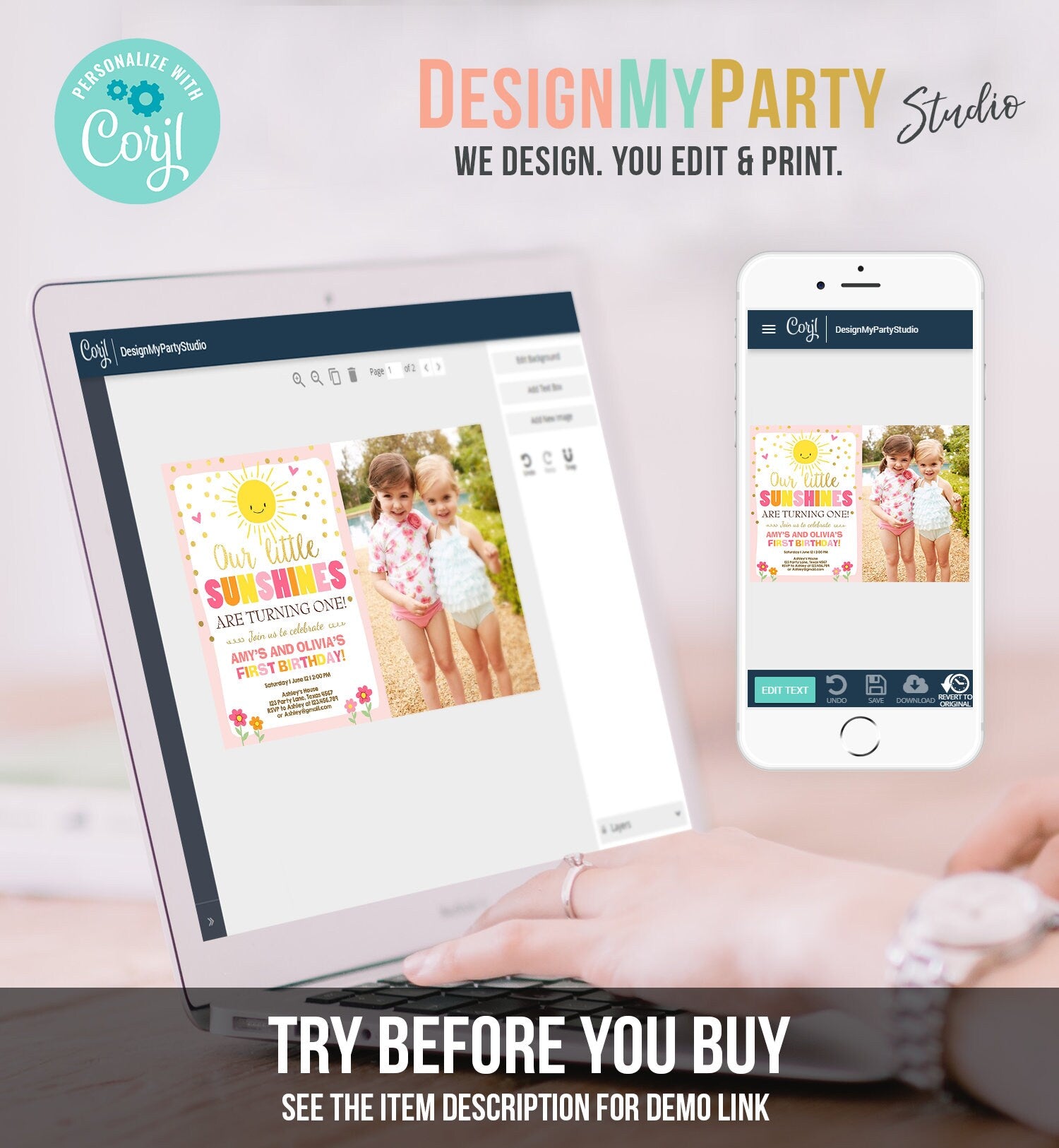 Editable Birthday Invitation Twins Little Sunshines Girls Siblings Pink Gold Girl Summer Download Printable Invitation Template Corjl 0070