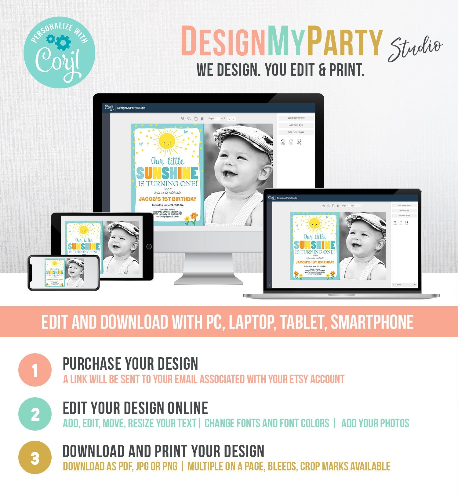 Editable Little Sunshine Birthday Invitation Boy Sunshine Party 1st First Birthday Blue Download Printable Invitation Template Corjl 0070