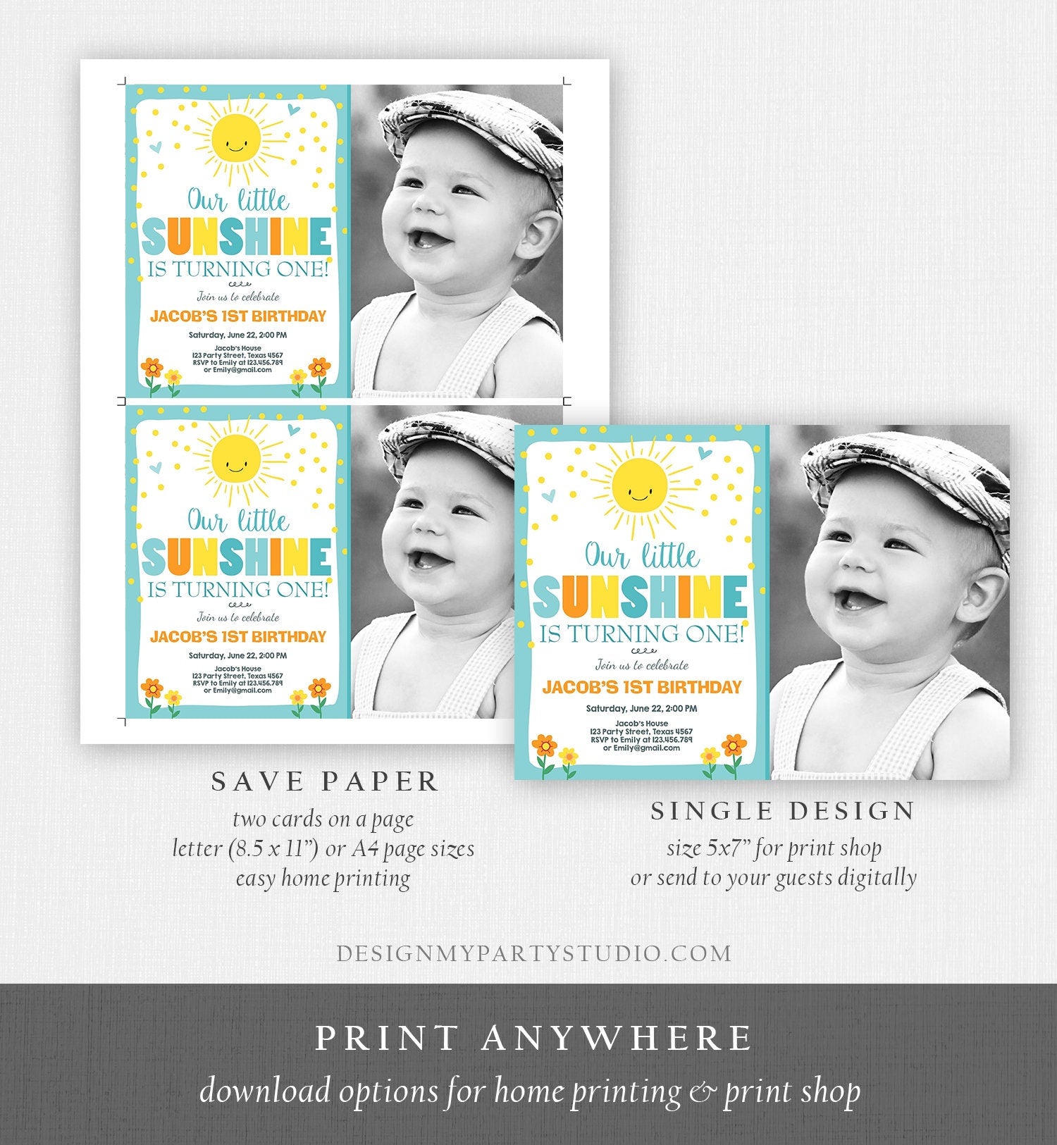 Editable Little Sunshine Birthday Invitation Boy Sunshine Party 1st First Birthday Blue Download Printable Invitation Template Corjl 0070