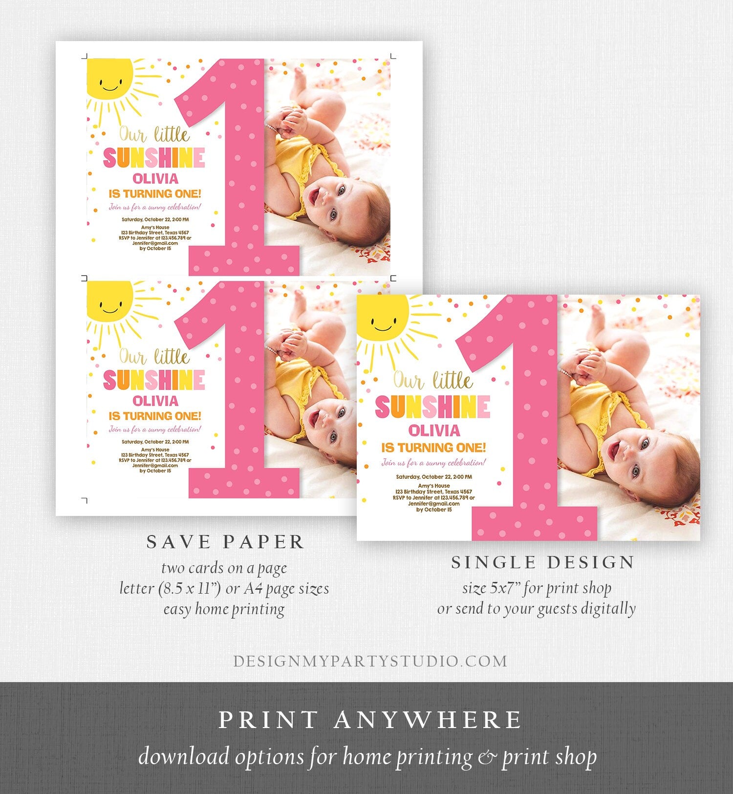 Editable Our Little Sunshine Birthday Invitation Summer Sunshine Party First Birthday 1st Party Sun Digital Download Template Evite 0070