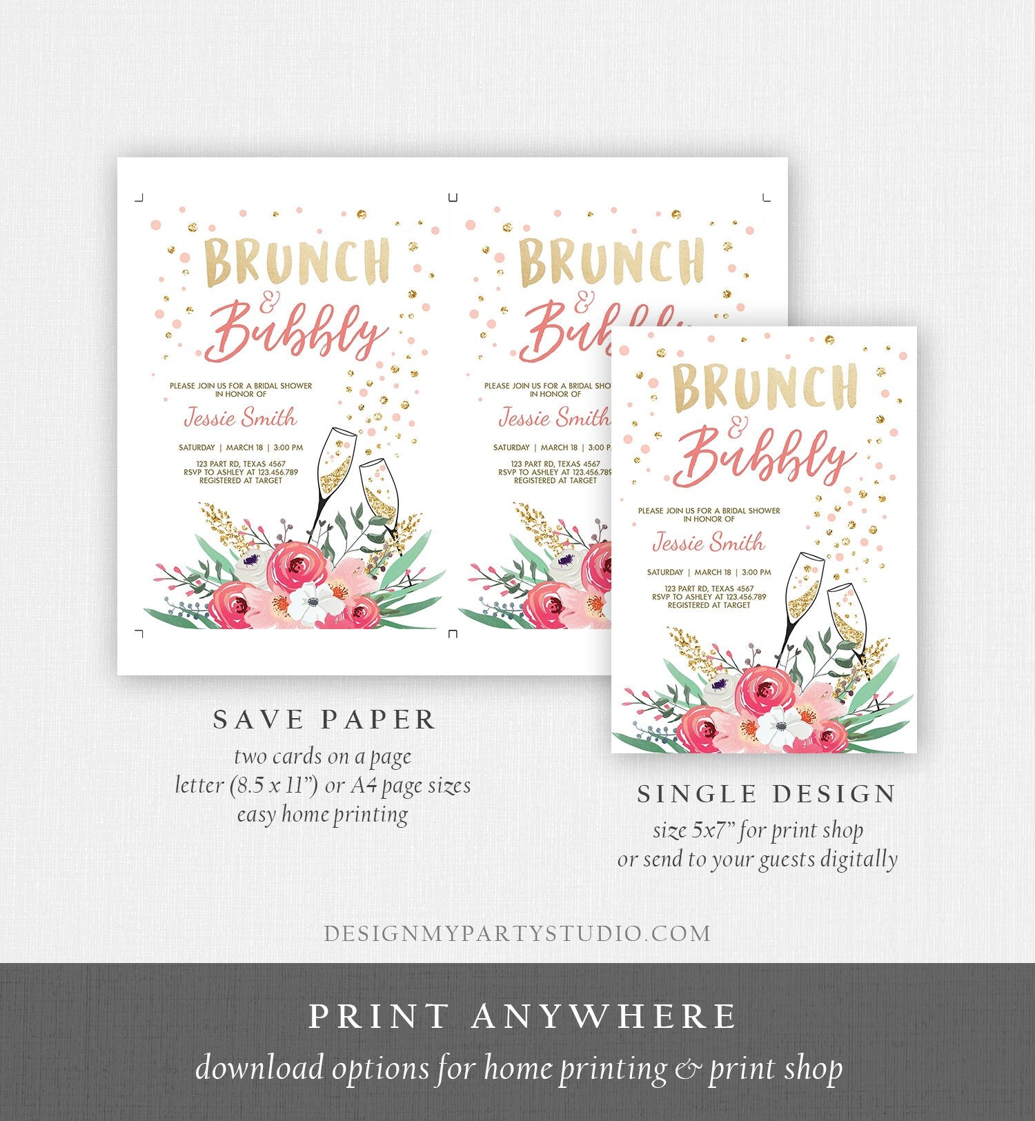 Editable Brunch and Bubbly Bridal Shower Invitation Floral Champagne Gold Pink Wedding Download Printable Template Digital Corjl 0318
