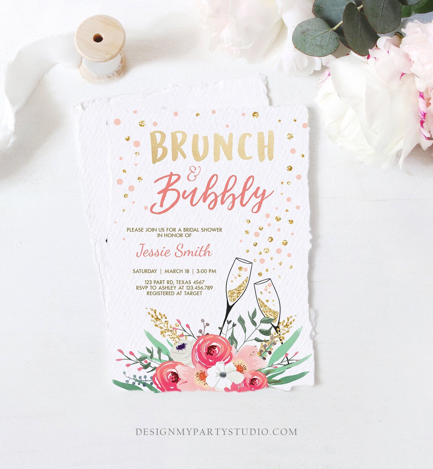 Editable Brunch and Bubbly Bridal Shower Invitation Floral Champagne Gold Pink Wedding Download Printable Template Digital Corjl 0318